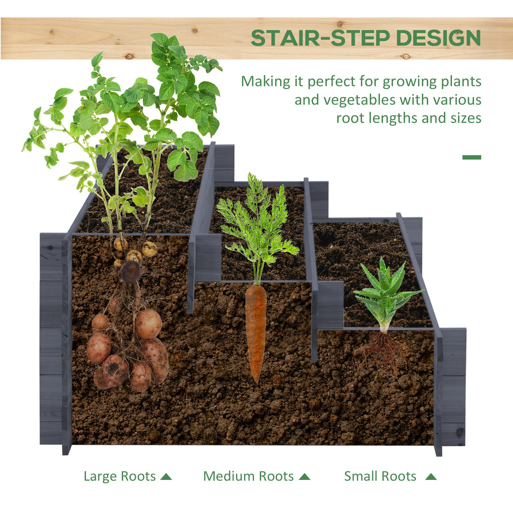 3-Tier Wood Raised Garden Bed, Elevated Planting Box, Outdoor Vegetable Flower Container, Herb Garden Indoor Kit, Gray
