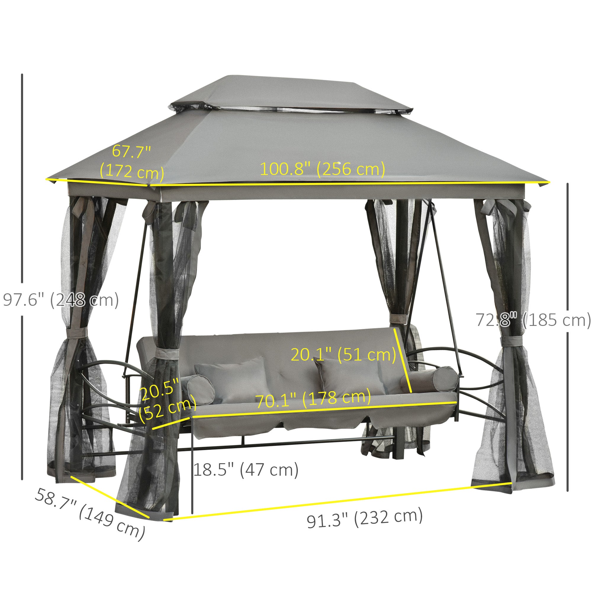 3 Person Outdoor Patio Daybed, 3 in 1 Canopy Gazebo Swing Chair Garden Hammock with Sun Shade, Mesh Mosquito and Net, Dark Grey