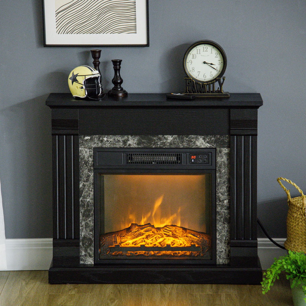 Electric Fireplace Mantel Wood Surround, Freestanding Fireplace Heater with Realistic Flame, Adjustable Temperature, Timer, Overheating Protection, and Remote Control, Black