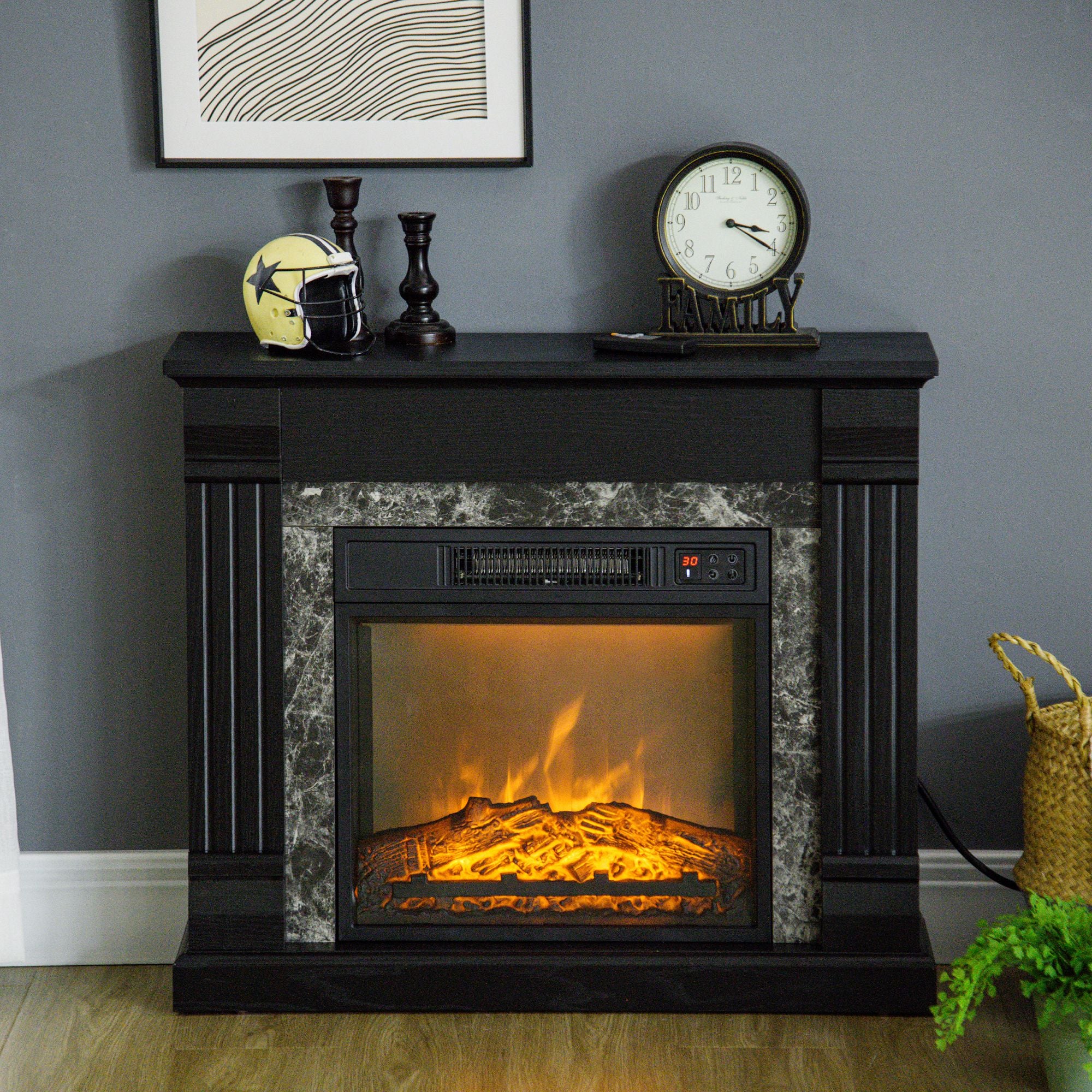 Electric Fireplace Mantel Wood Surround, Freestanding Fireplace Heater with Realistic Flame, Adjustable Temperature, Timer, Overheating Protection, and Remote Control, Black