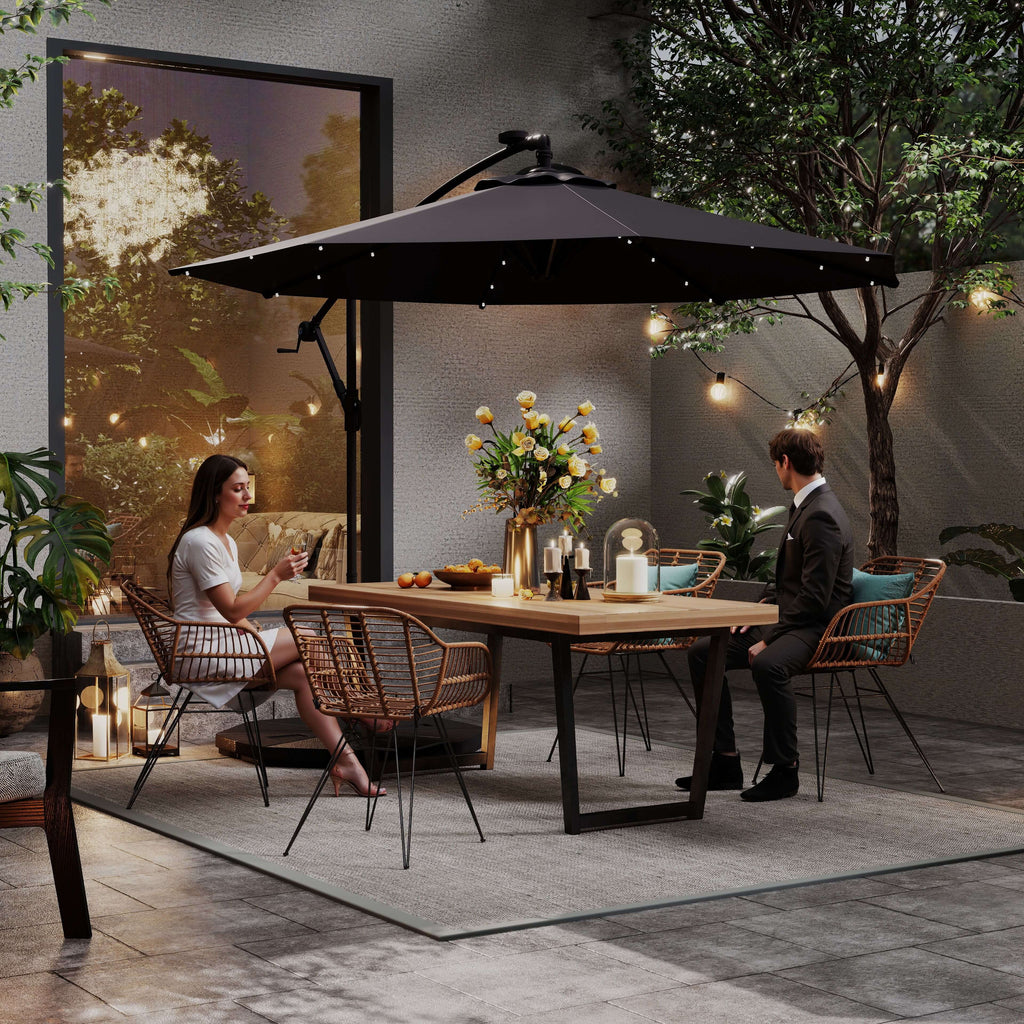 9.5' Offset Patio Umbrella Garden Parasol with Solar LED Lights and Weights, Dark Grey