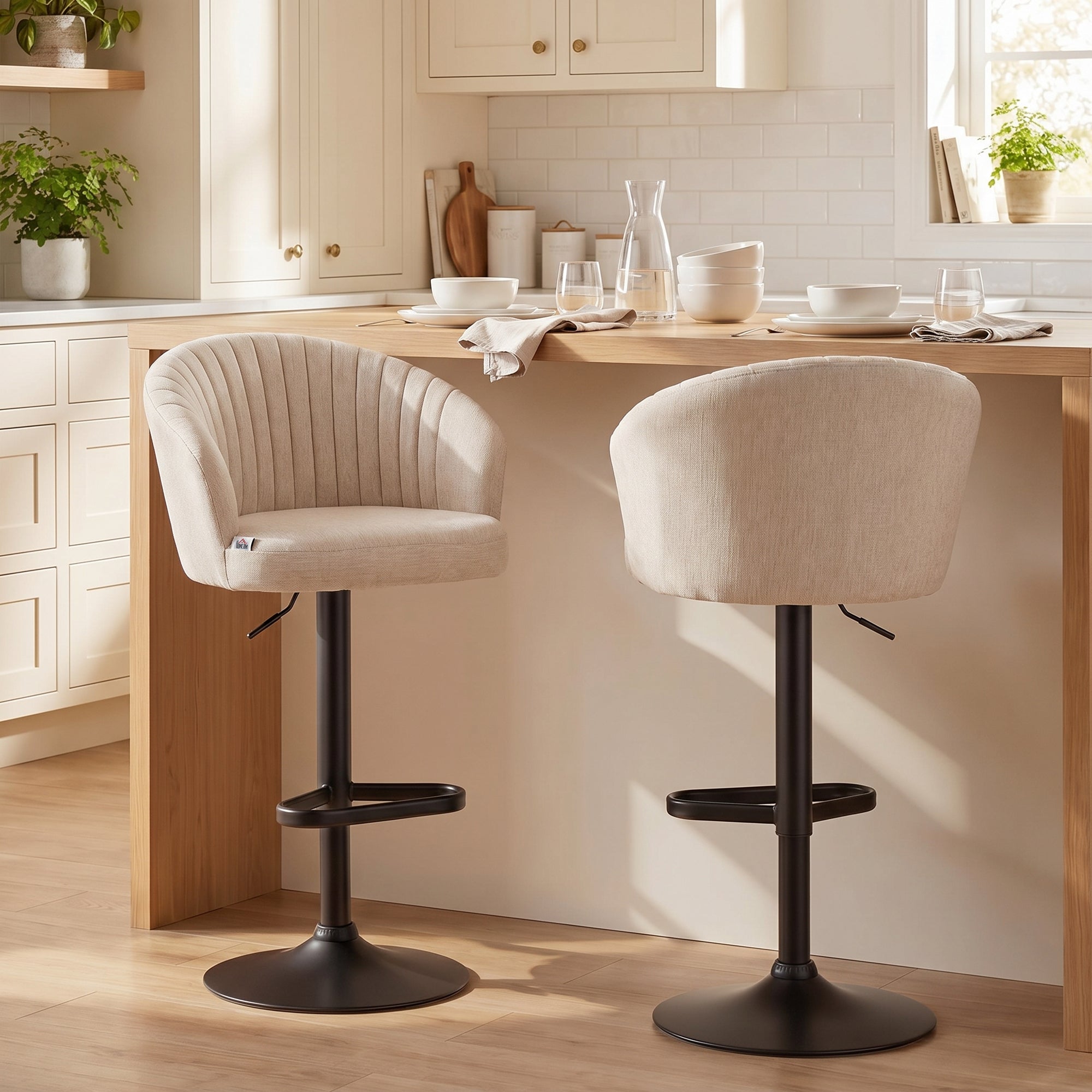 Bar Stools Set of 2, Swivel Counter Height Barstools with Back, Footrest, Adjustable Height, Beige