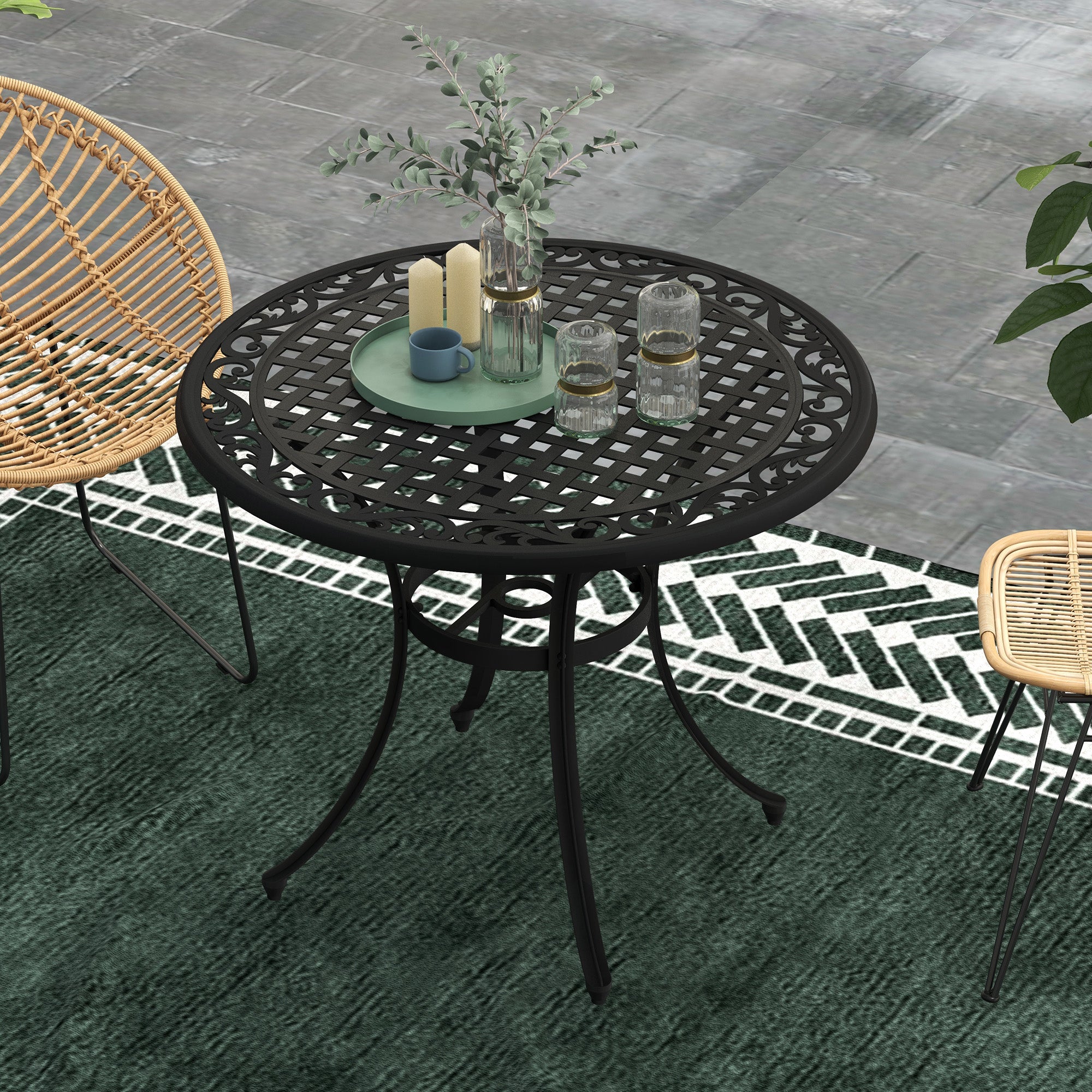 35.5" Round Outdoor Dining Table for 2-4, Cast Aluminum Garden Patio Table with 2" Umbrella Hole, Grid Top, Black