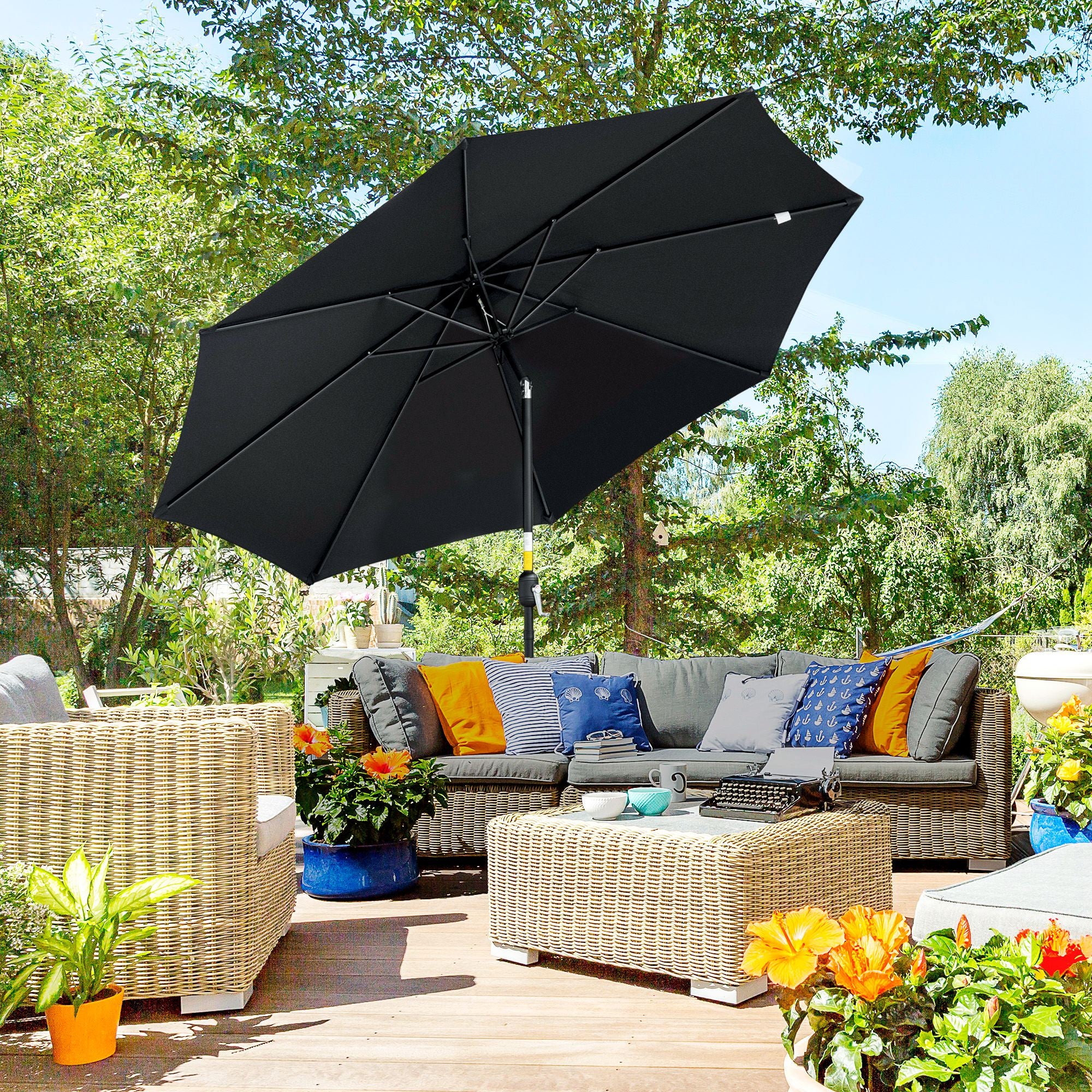 10' x 8' Round Market Umbrella, Patio Umbrella with Crank Handle and Tilt, Outdoor Parasol for Garden, Black