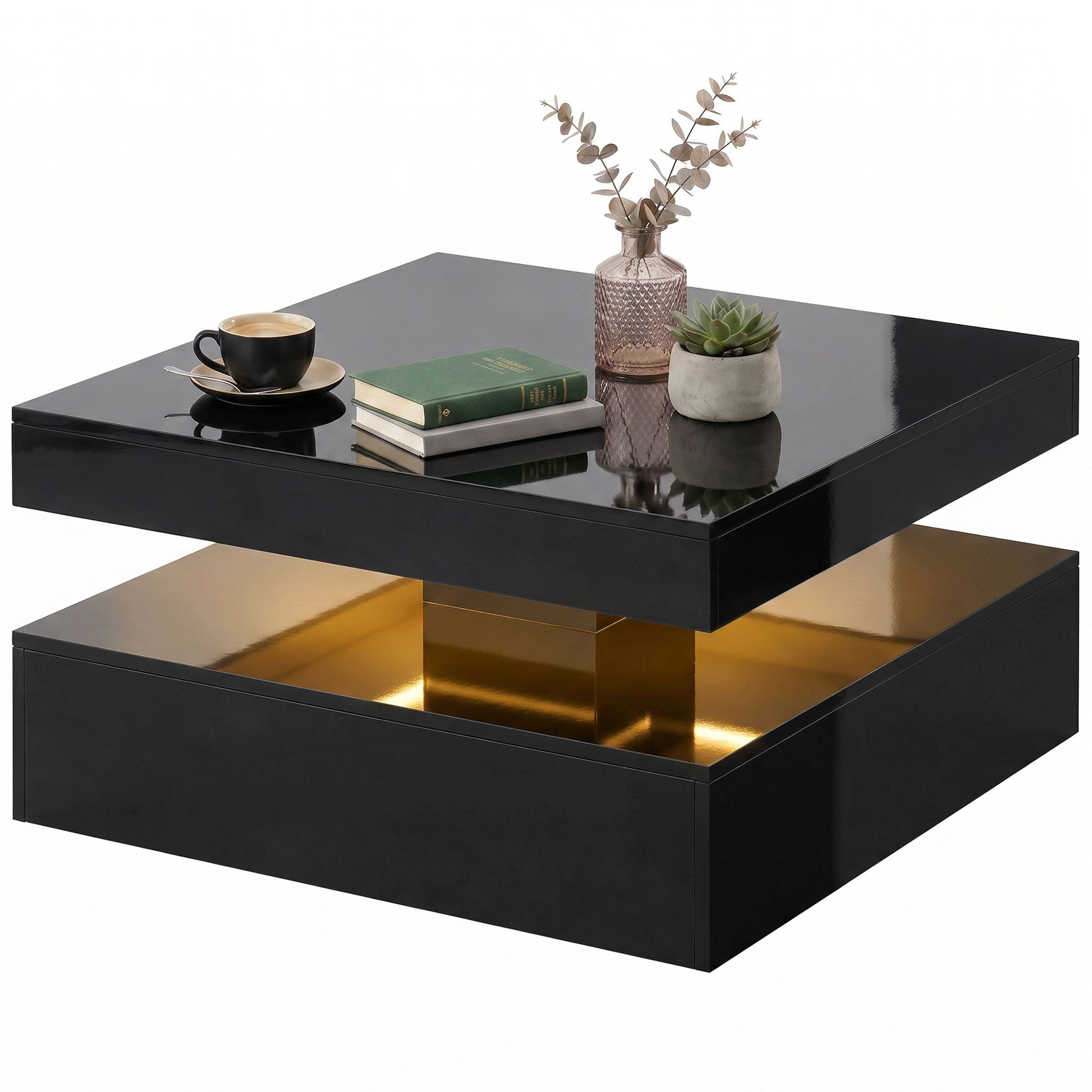 LED Coffee Table with Storage, 2-Tier Modern Center Table with Open Shelf and Remote for Living Room, High Gloss Black