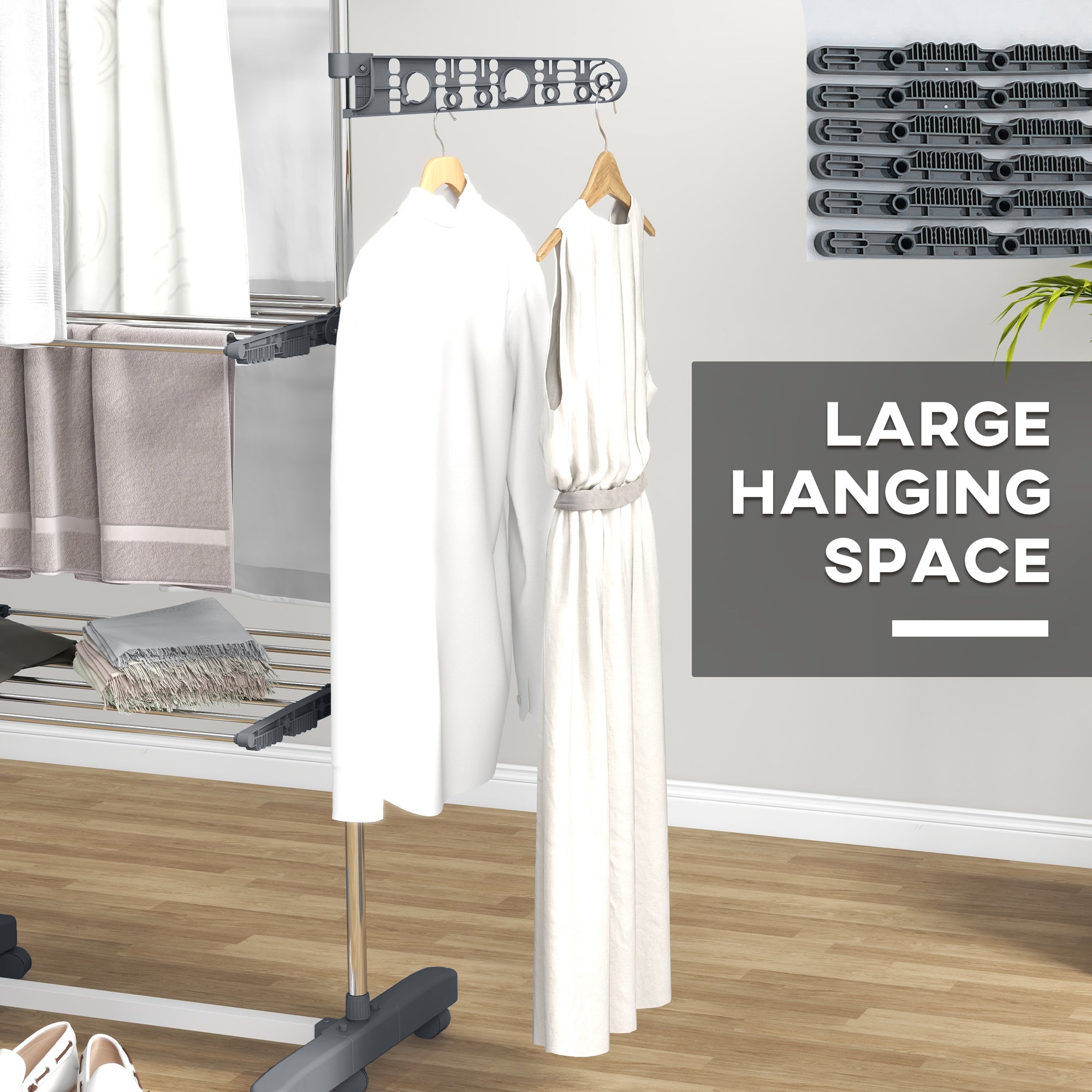 3-Tier Foldable Clothes Drying Rack, Stainless Steel Laundry Rack with 2 Side Wings and 6 Castors, Collapsible Adjustable Clothes Airer for Indoor Outdoor, Grey