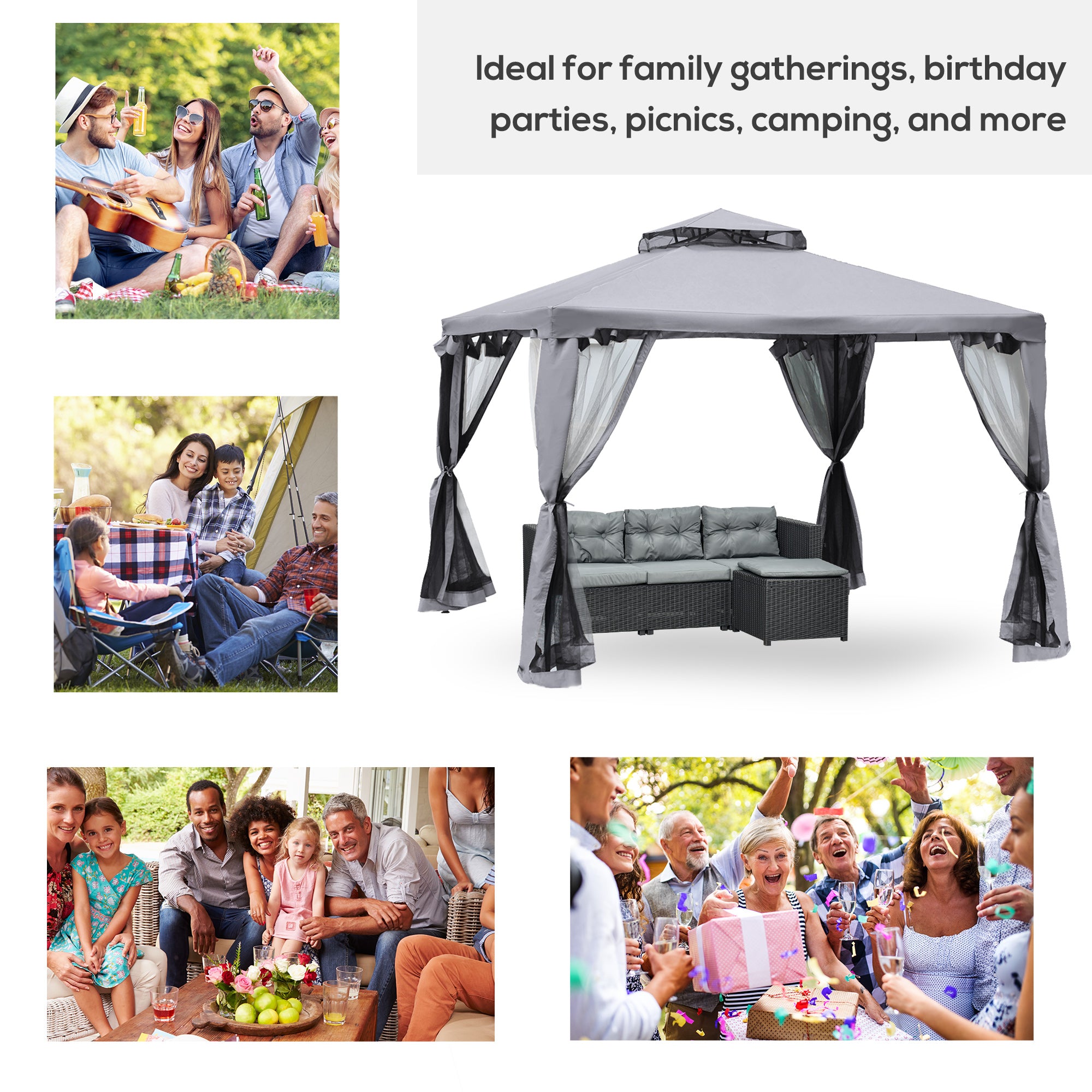 10' x 10' Patio Gazebo Pavilion, 2-Tier Roof Canopy Outdoor Event Tent with Steel Frame and Mosquito Netting for Garden, Yard and Sun Shade Use, Grey