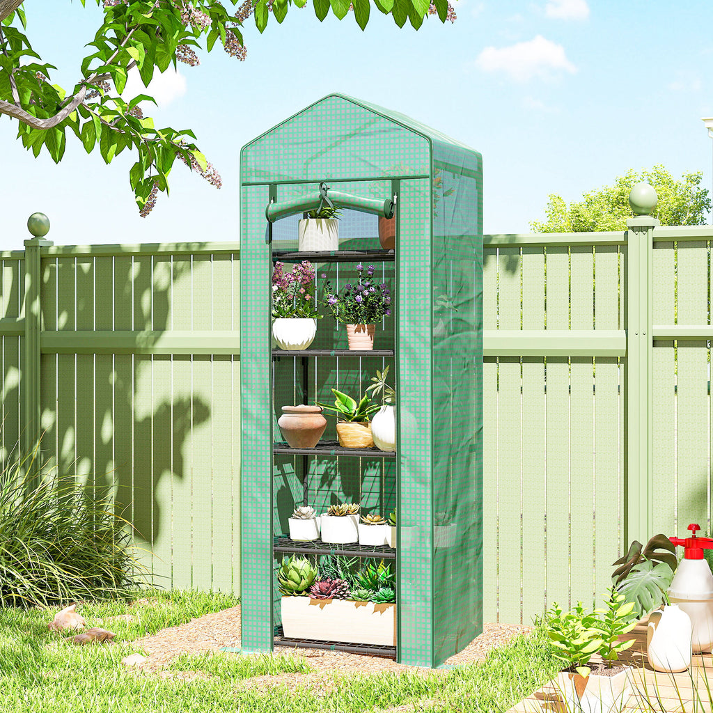 5 Tier Mini Greenhouse, Portable Outdoor Flower Stand with Shelf Clips, Indoor Greenhouse with Steel Frame, Transparent, 27.25" x 19.25" x 76", Green