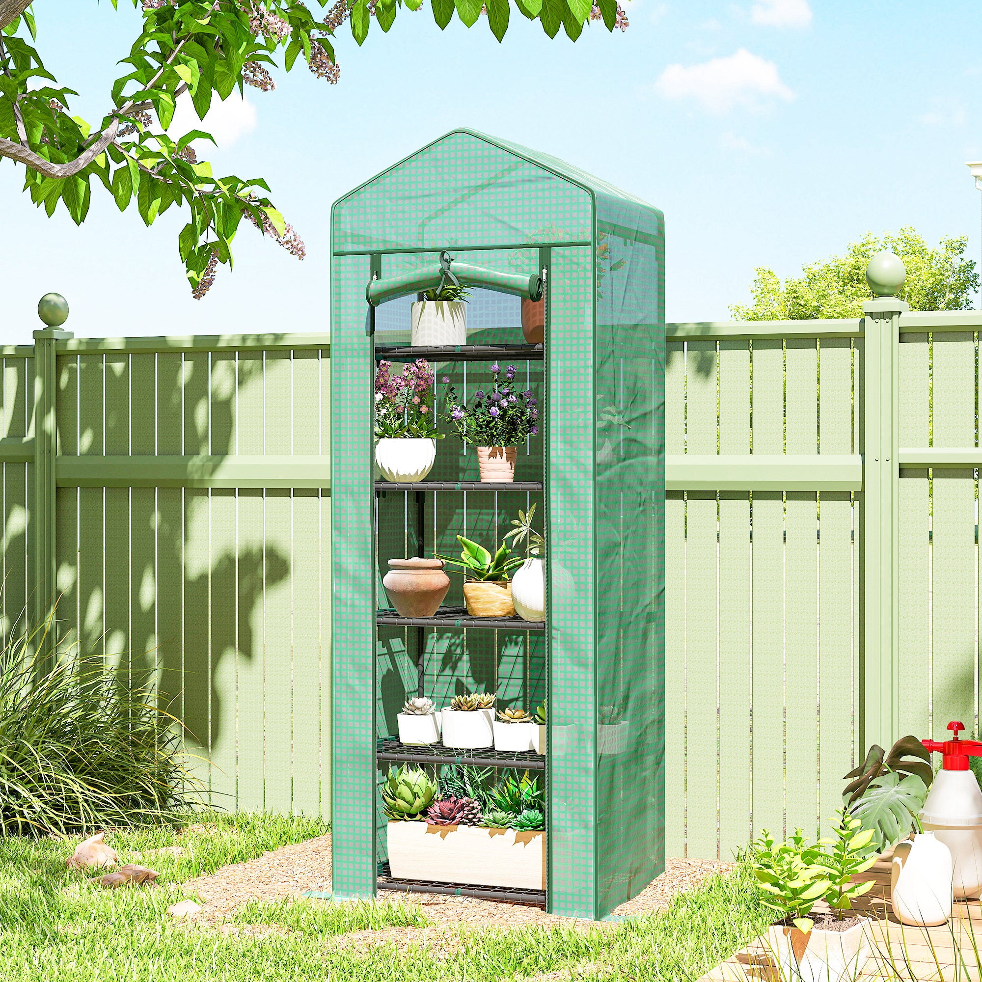 5 Tier Mini Greenhouse, Portable Outdoor Flower Stand with Shelf Clips, Indoor Greenhouse with Steel Frame, Transparent, 27.25" x 19.25" x 76", Green