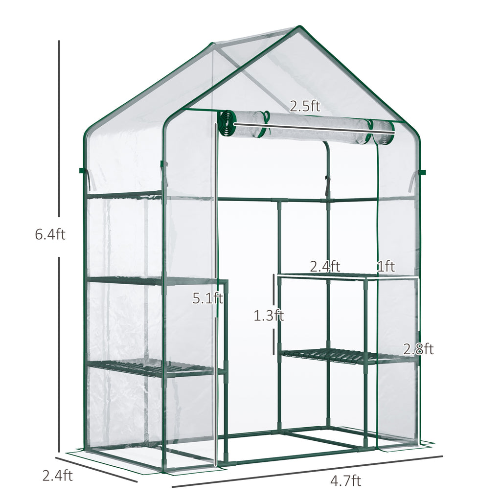 56" x 29" x 77" Walk-in Greenhouse, Mini Greenhouse with 4 Shelves, Roll-Up Door and Weatherized Cover, Clear