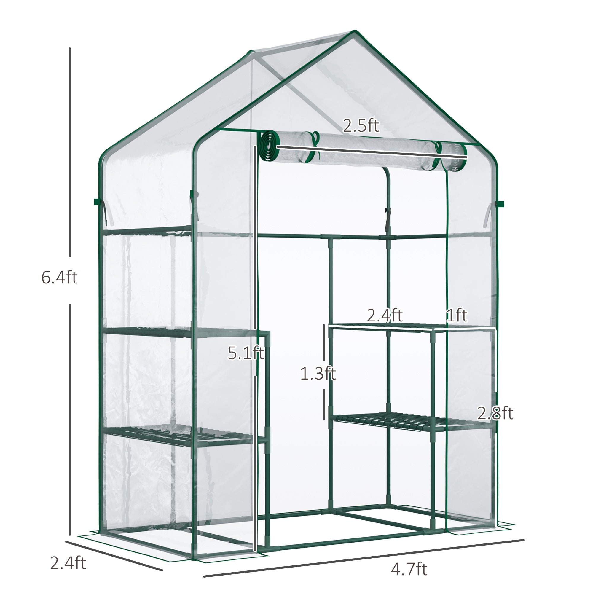 56" x 29" x 77" Walk-in Greenhouse, Mini Greenhouse with 4 Shelves, Roll-Up Door and Weatherized Cover, Clear