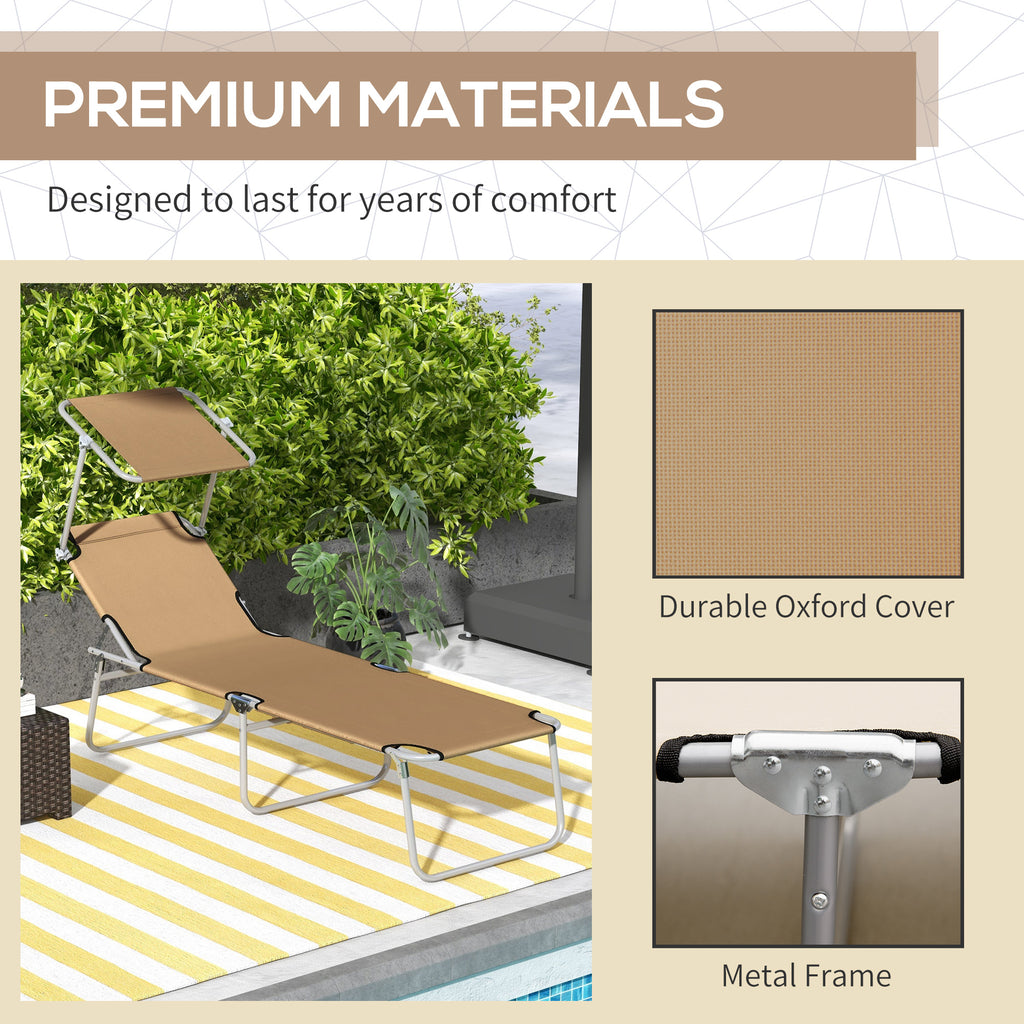 Outdoor Lounge Chair, Adjustable Folding Chaise Lounge with Sun Shade for Beach, Camping, Hiking, Brown