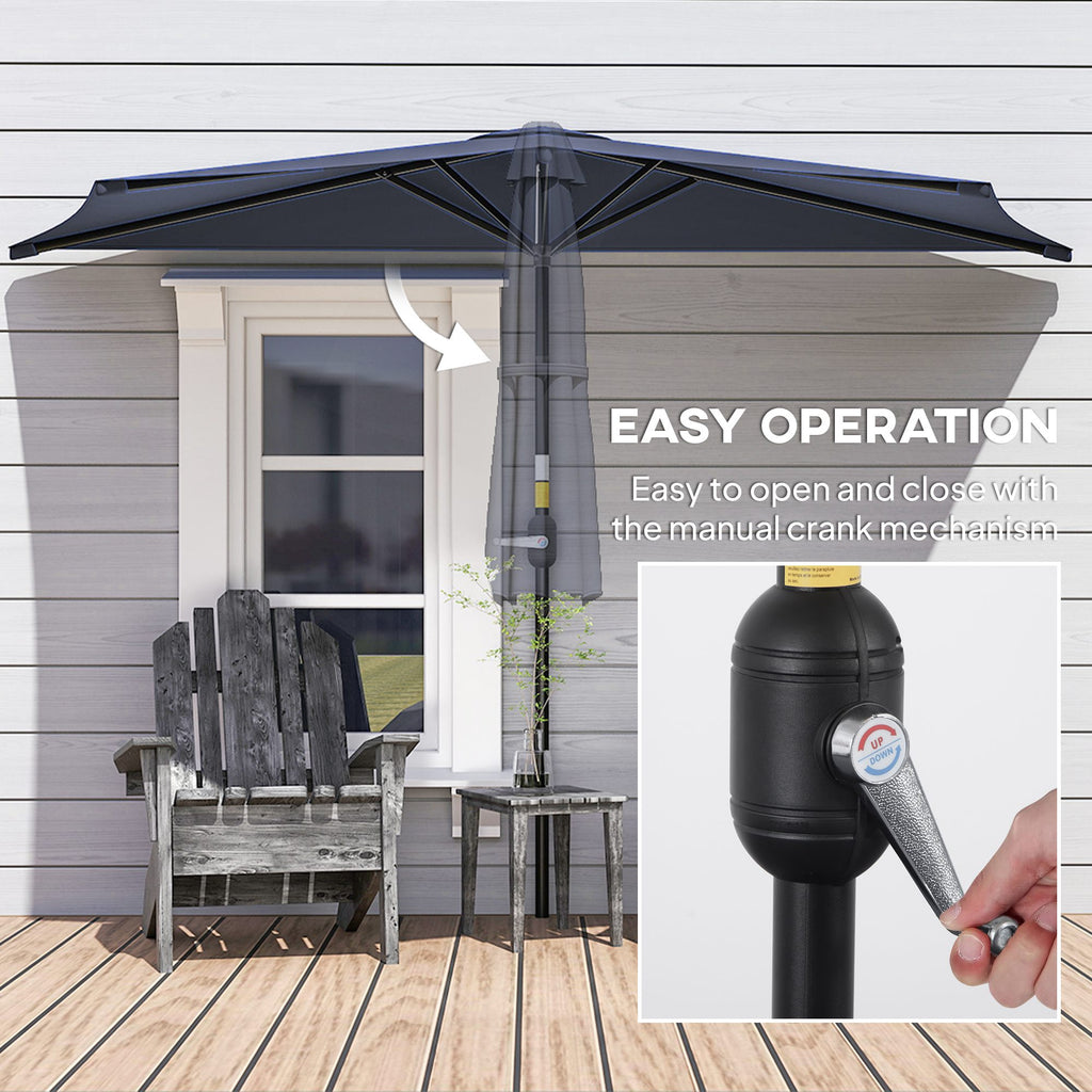 9.8ft Half Umbrella Semi Round Patio Parasol with Crank Handle, Top Vent for Garden, Balcony- NO BASE INCLUDED, Dark Blue
