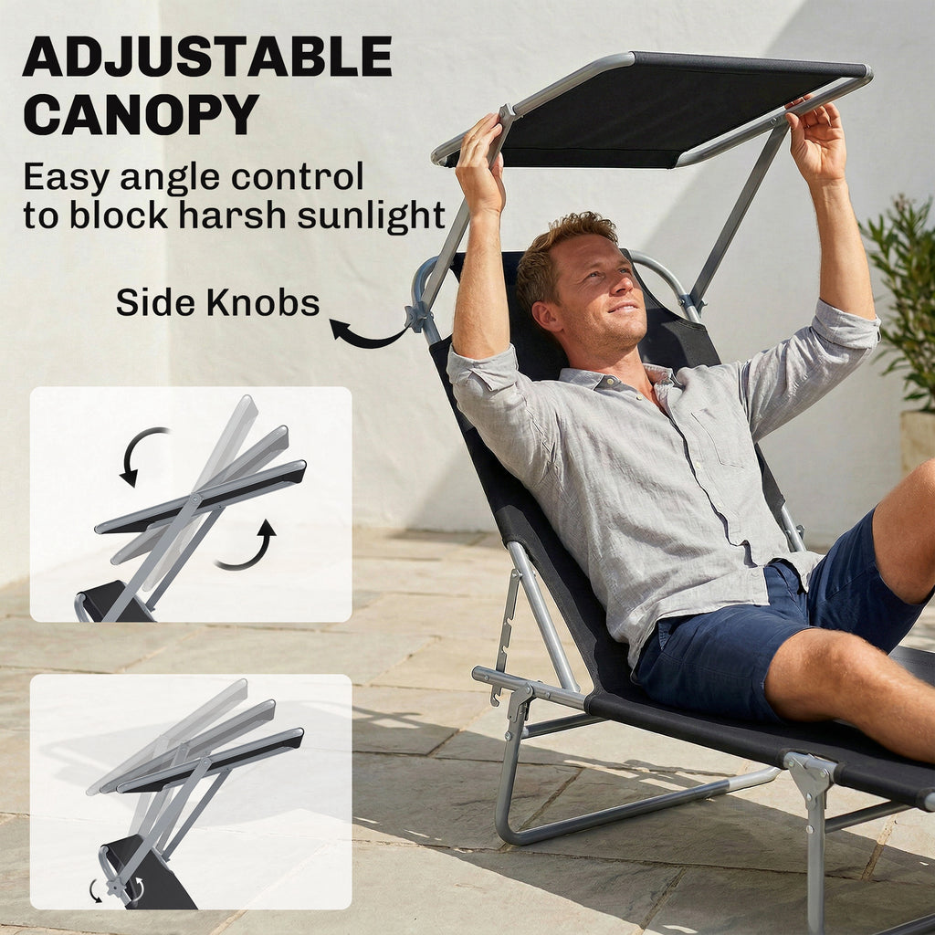 Outdoor Lounge Chair, Adjustable Folding Chaise Lounge, Tanning Chair with Sun Shade for Beach, Camping, Hiking, Backyard, Black