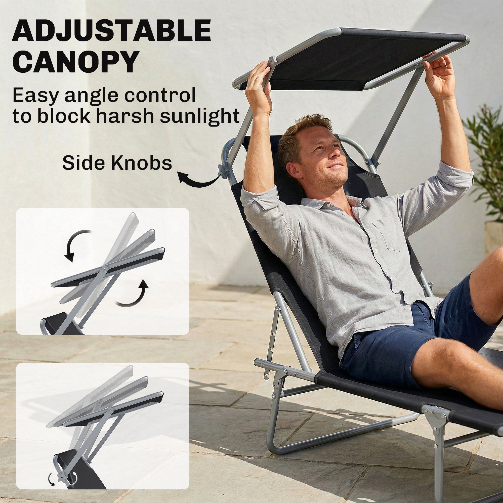 Outdoor Lounge Chair, Adjustable Folding Chaise Lounge, Tanning Chair with Sun Shade for Beach, Camping, Hiking, Backyard, Black