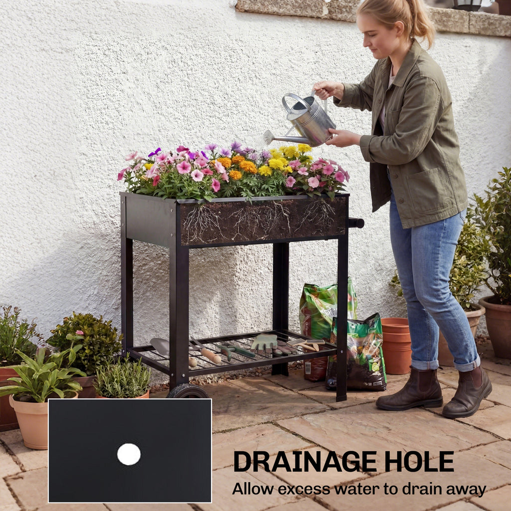 Metal Raised Garden Bed, Elevated Planter Box with 2 Wheels, Handle and Shelf, 31.5" Tall Raised Planter