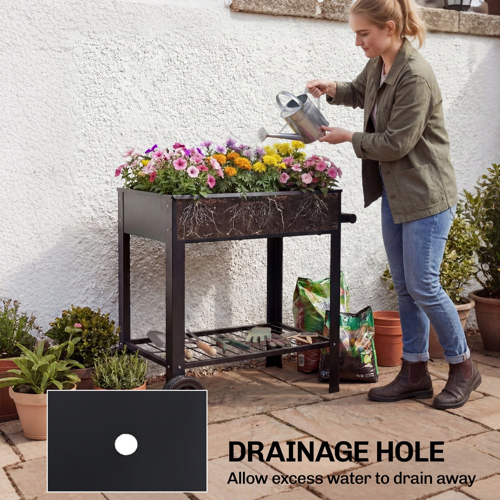 Metal Raised Garden Bed, Elevated Planter Box with 2 Wheels, Handle and Shelf, 31.5" Tall Raised Planter
