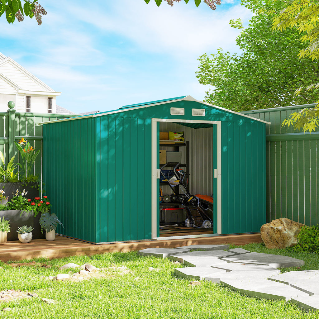 9.1' x 6.4' x 6.3' Garden Storage Shed w/ Foundation Kit Metal Tool Storage House w/ Double Doors Green