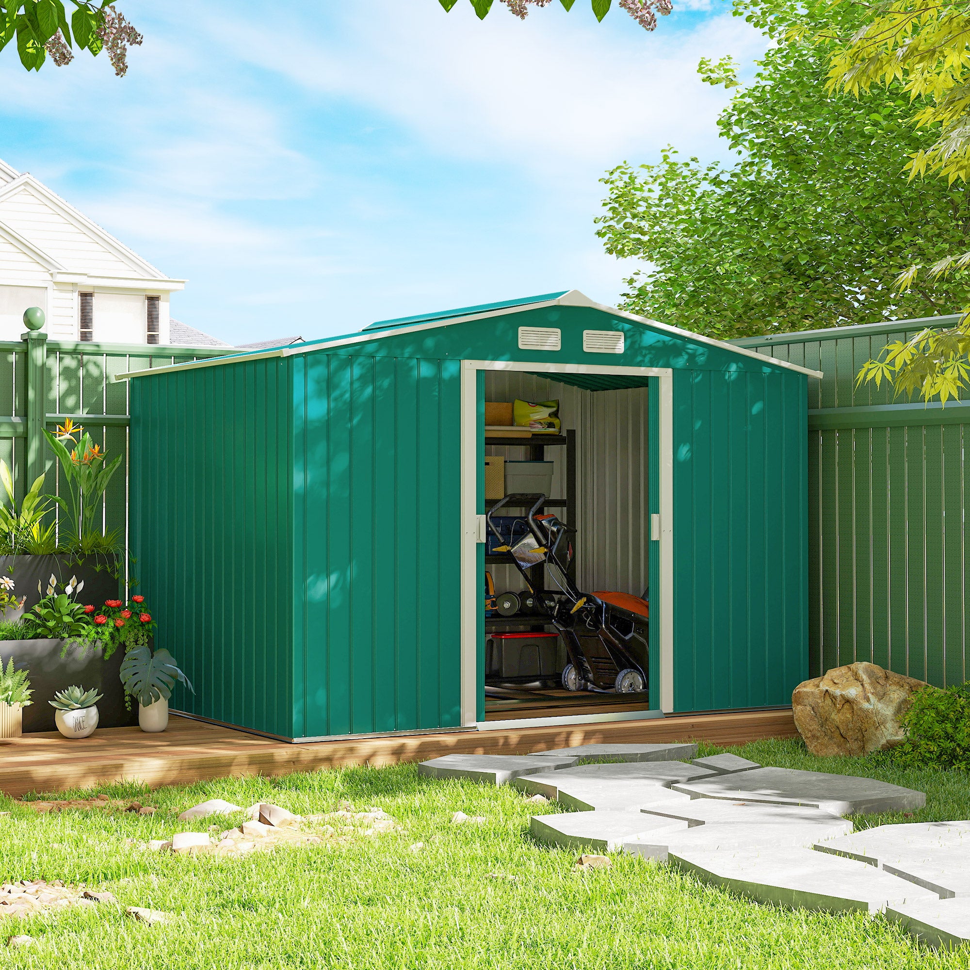 9.1' x 6.4' x 6.3' Garden Storage Shed w/ Foundation Kit Metal Tool Storage House w/ Double Doors Green