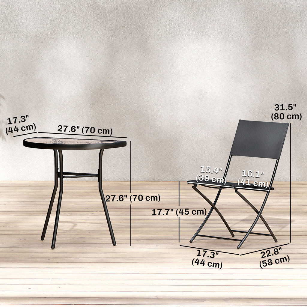 Outdoor Bistro Set, 3 Piece Patio Furniture Set with Folding Chairs, Semi-Circle Glass Top Table, Black