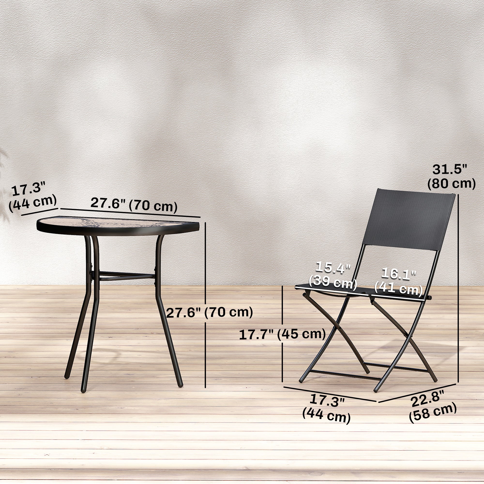 Outdoor Bistro Set, 3 Piece Patio Furniture Set with Folding Chairs, Semi-Circle Glass Top Table, Black