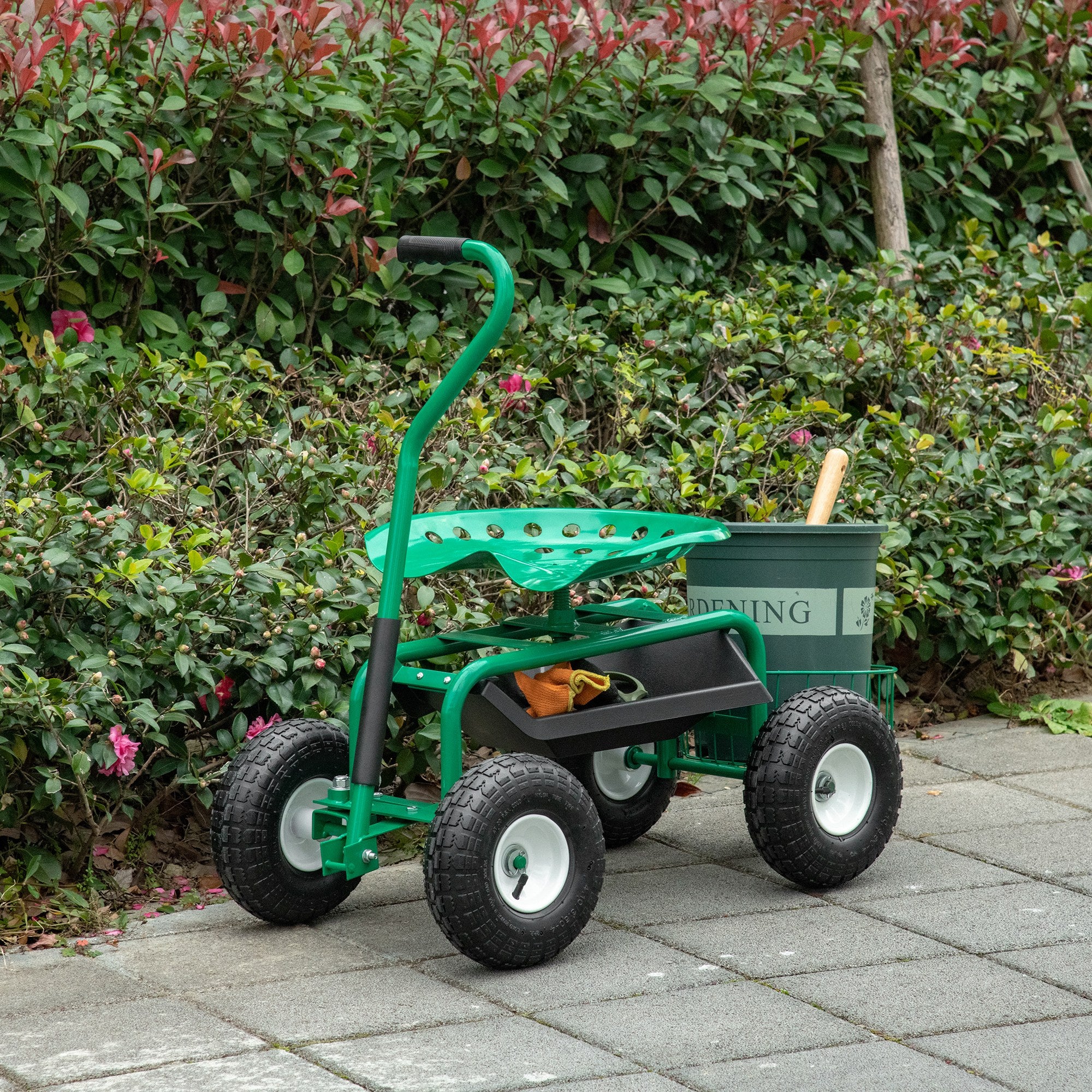 Garden Scooter, Rolling Cart with Swivel and Adjustable Seat, Tool Tray, Bucket Basket, Green and Black