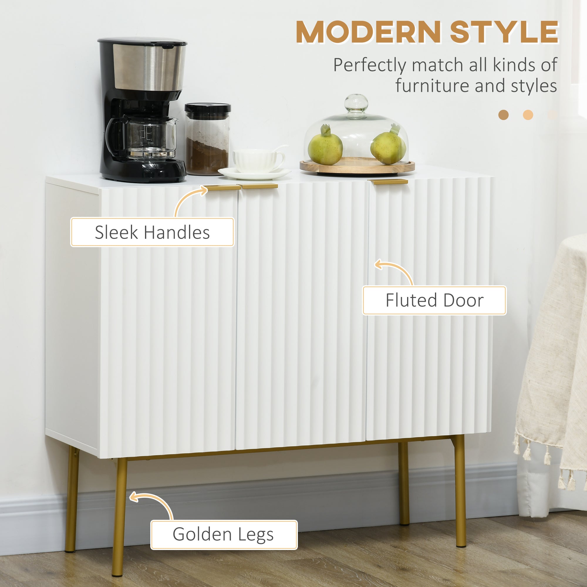 Modern Storage Cabinet Sideboard Buffet Cabinet with Gold Legs for Living Room Dining Room Hallway White