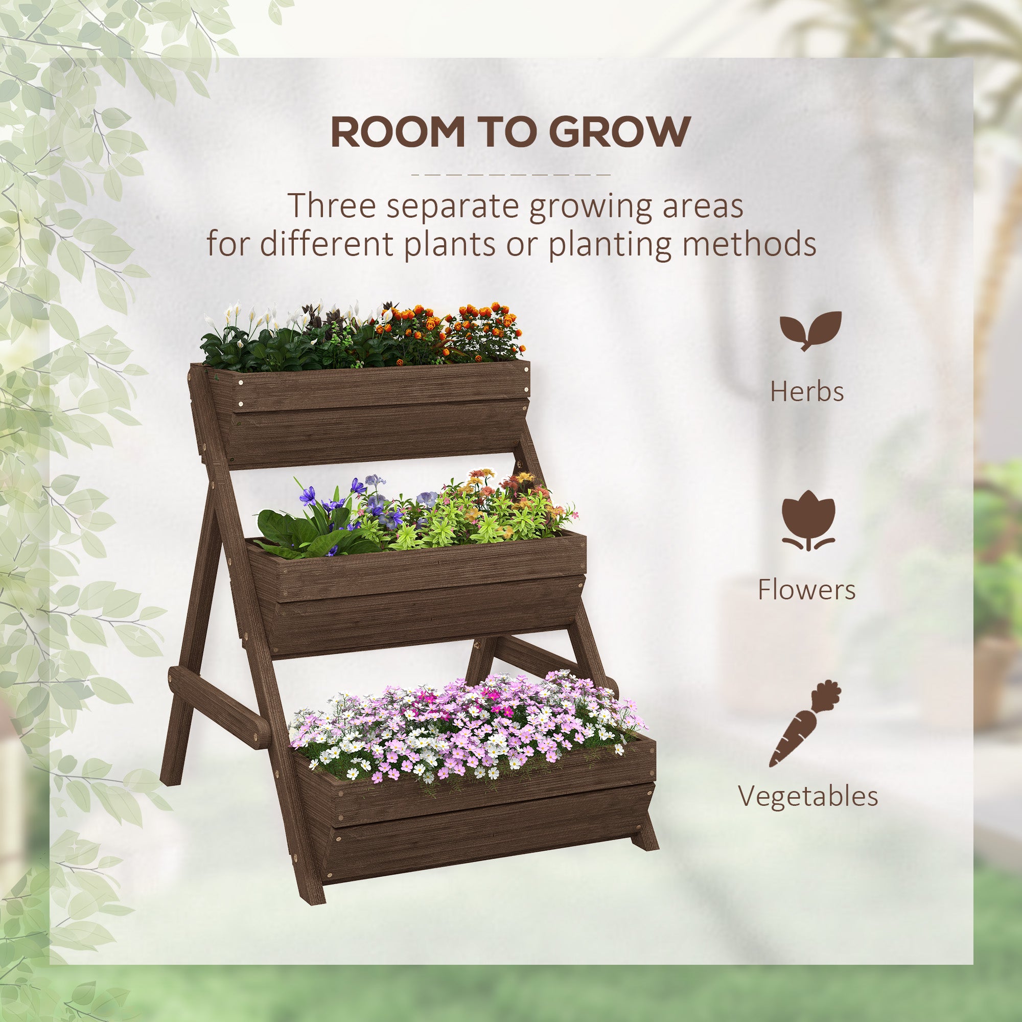 3 Tier Elevated Planter Box, Vertical Wooden Raised Garden Bed for Flowers, Vegetables, 26" x 30" x 30", Carbonized