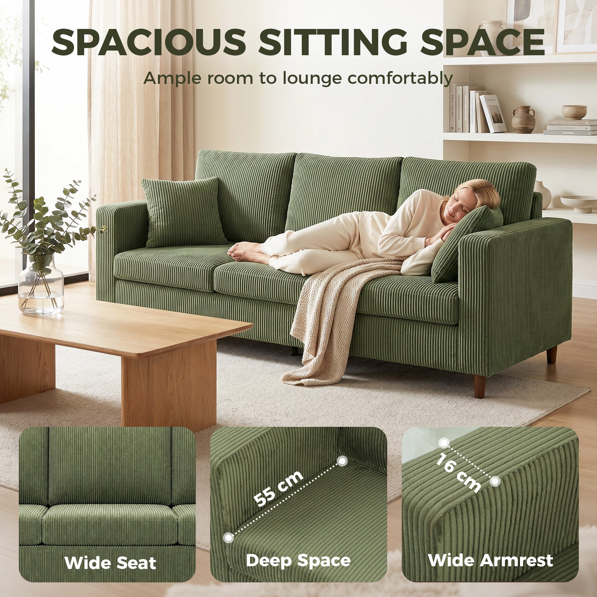 3 Seater Sofa with Wide Seat, Corduroy Couch with Deep Seat, Spring Cushion, Green