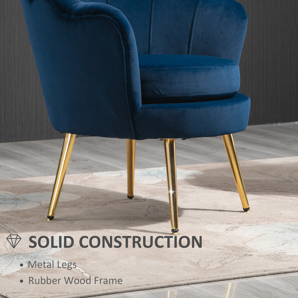 Modern Accent Chair, Velvet-Touch Fabric Leisure Club Chair with Gold Metal Legs for Bedroom, Blue