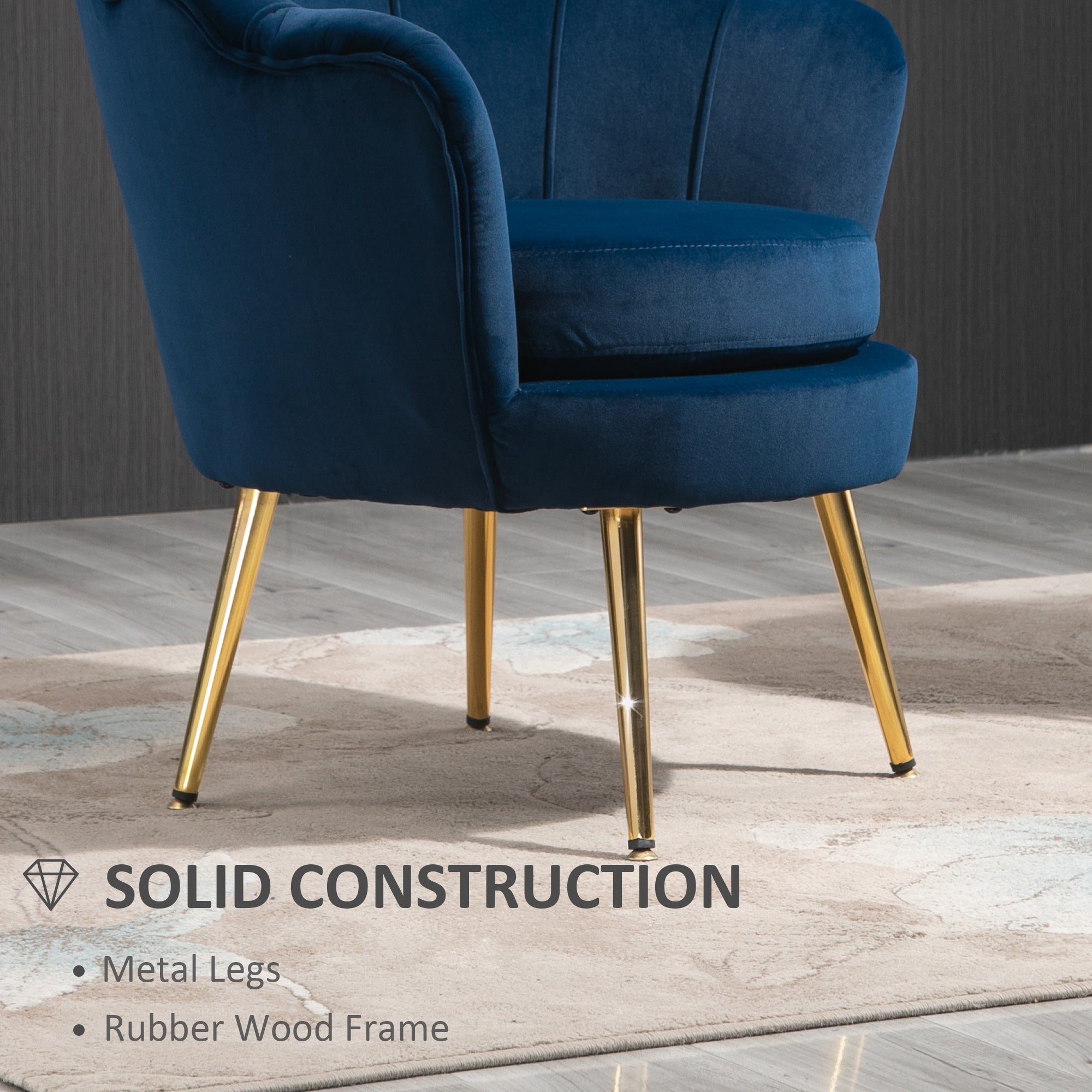 Modern Accent Chair, Velvet-Touch Fabric Leisure Club Chair with Gold Metal Legs for Bedroom, Blue