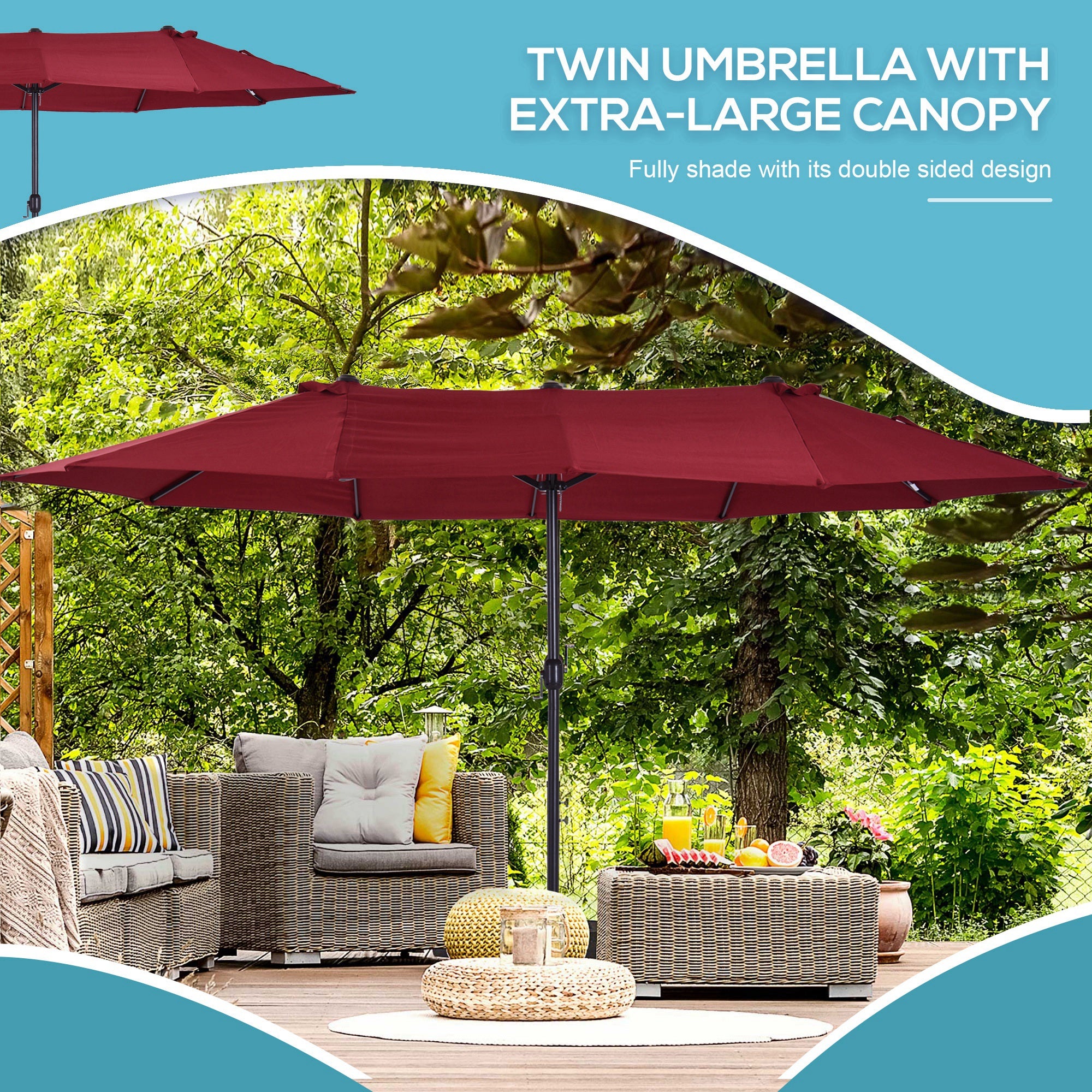 15ft Double-sided Patio Umbrella with Twin Canopy, Extra Large Outdoor Parasol with Crank for Pool, Deck, Market, Wine Red