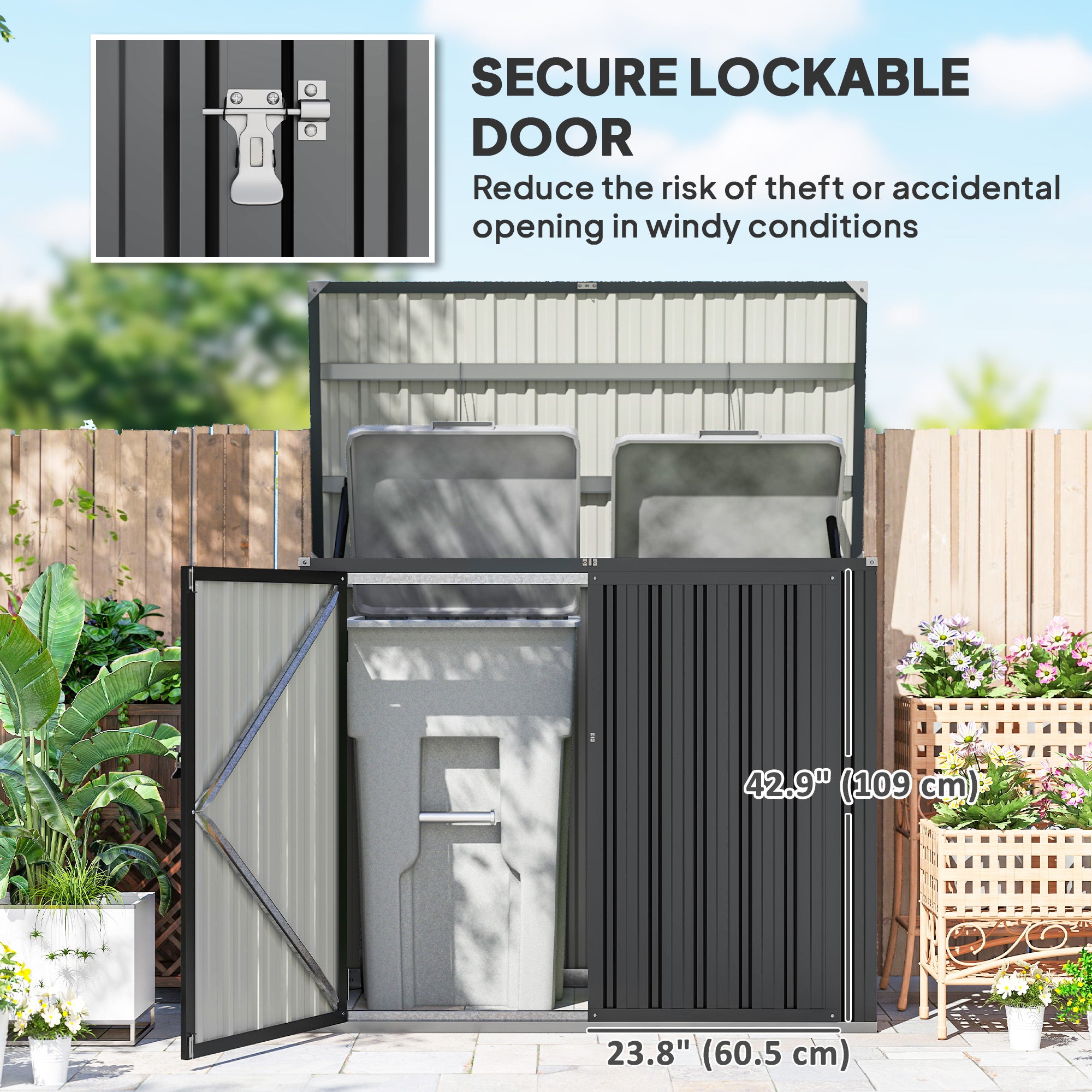 Outdoor Storage Shed Lockable Galvanized Steel Garbage Bin Shed Lift-up Lid for 2 Trash Cans