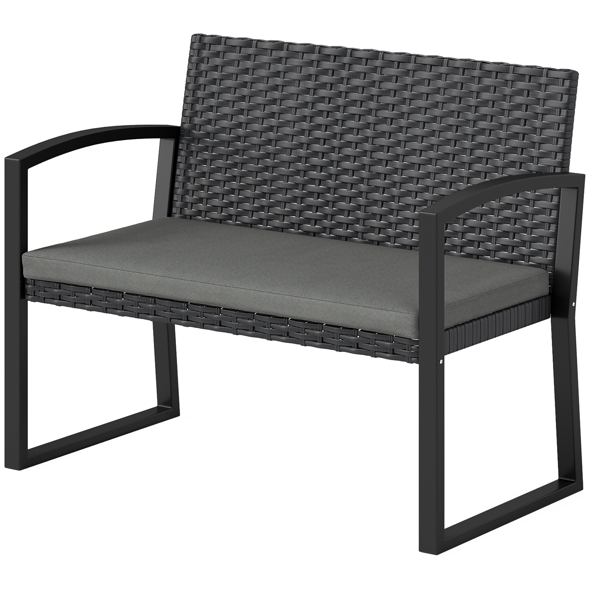 2 Seater Outdoor Bench, Rattan Garden Bench Loveseat with Cushion, Armrests, Steel Frame for Patio, Porch, Light Grey