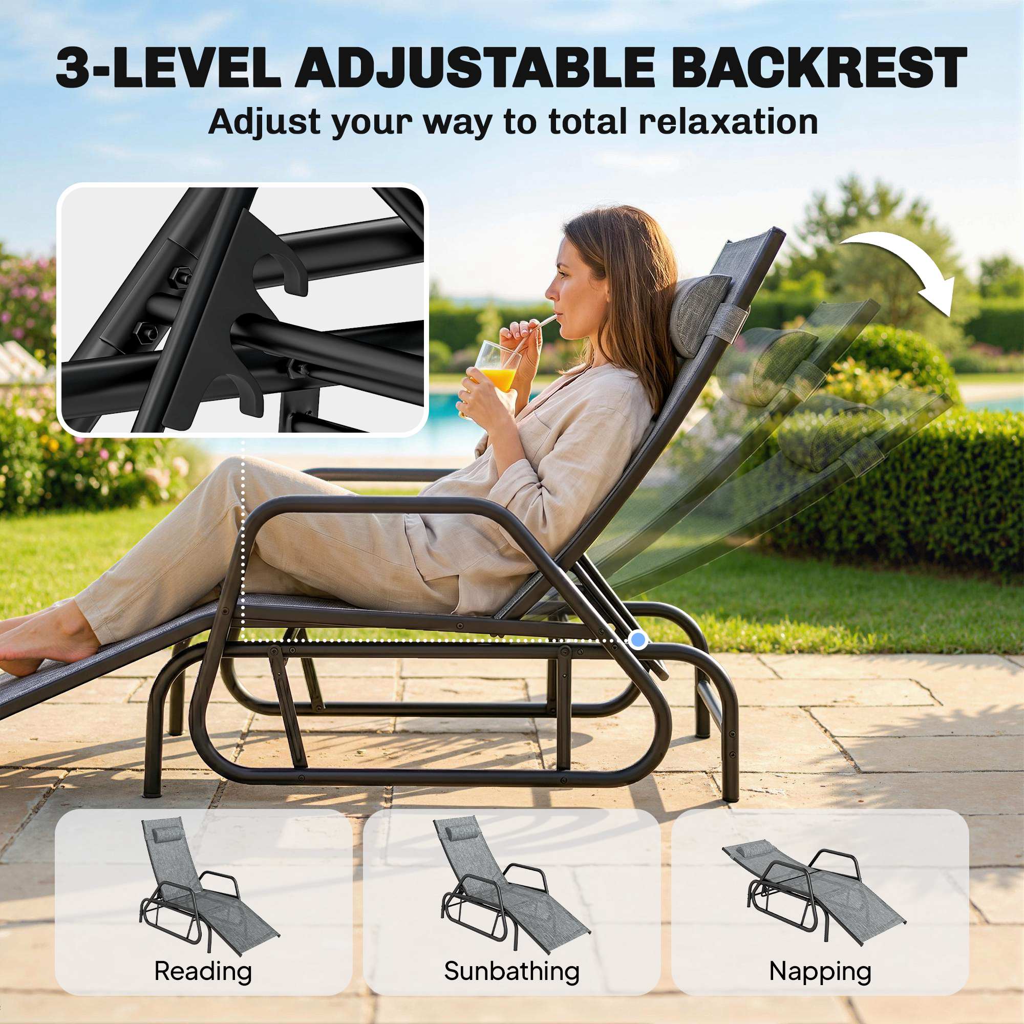 Outdoor Glider Lounge Chair, 3-Position Adjustable Tanning Chair Recliner with Headrest for Garden, Yard, Pool, Grey