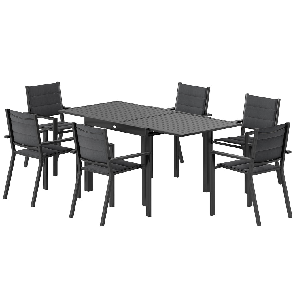 Patio Dining Set for 6, Aluminum Expandable Outdoor Table and 6 Stackable Chairs with Padded Back, Mesh Seat, Black
