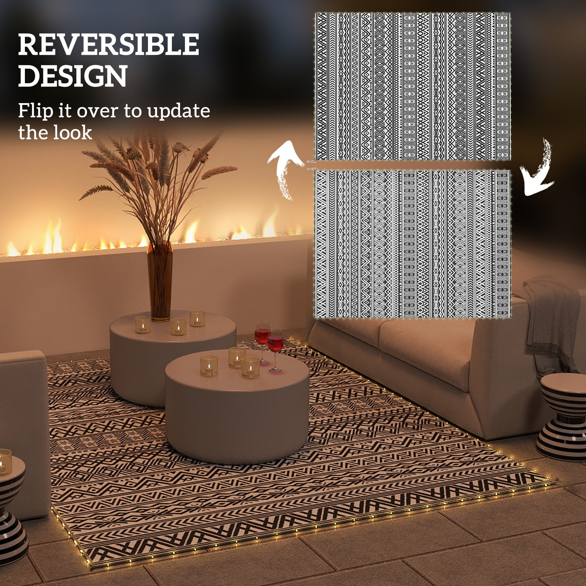 Outdoor Rug Carpet with USB Lights Reversible Patio Rug with Carry Bag for Camping 12' x 9'