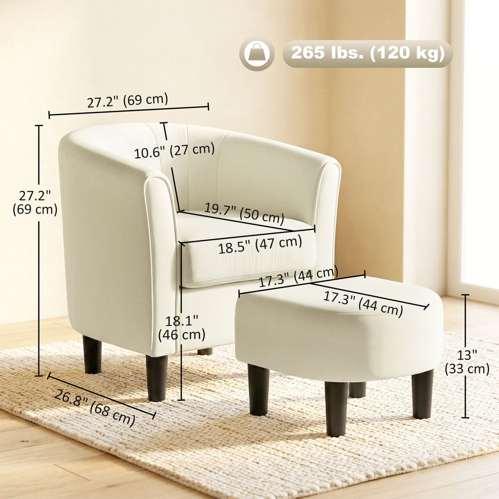 Accent Chair Modern Upholstered Living Room Chair with Ottoman and Pocket Spring Cushion Cream White