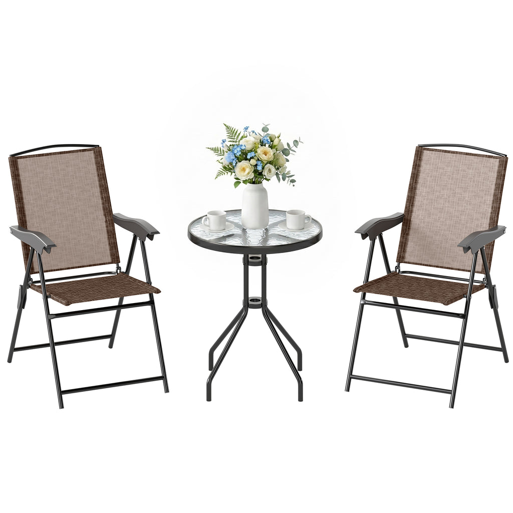 Folding Outdoor Bistro Set, Patio Table and Chairs with Reclining Backrest and Round Dining Table, Brown