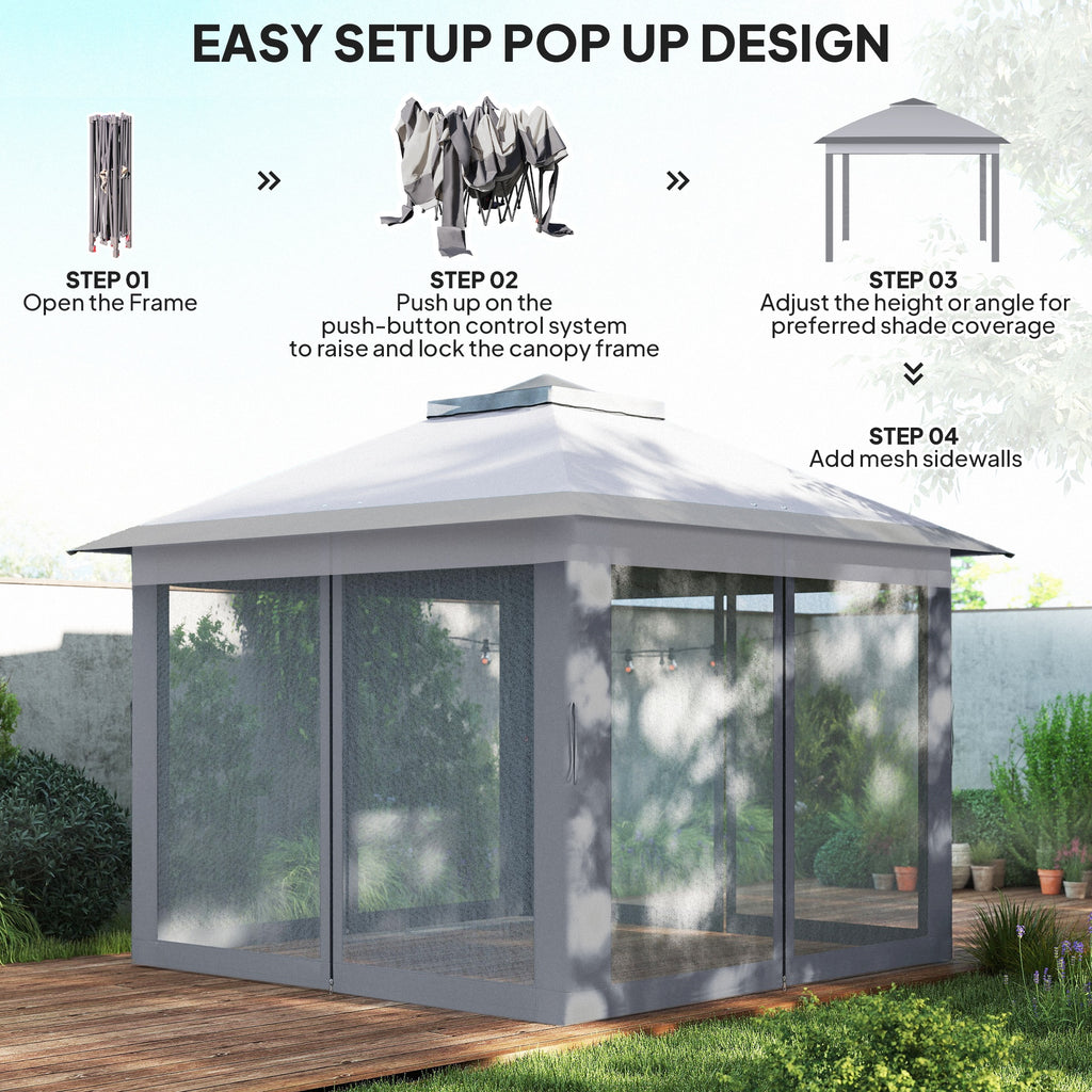 11' x 11' Pop Up Gazebo, Double Roof Foldable Height Adjustable Canopy Tent with Mesh Sidewalls, Carrying Bag, Grey