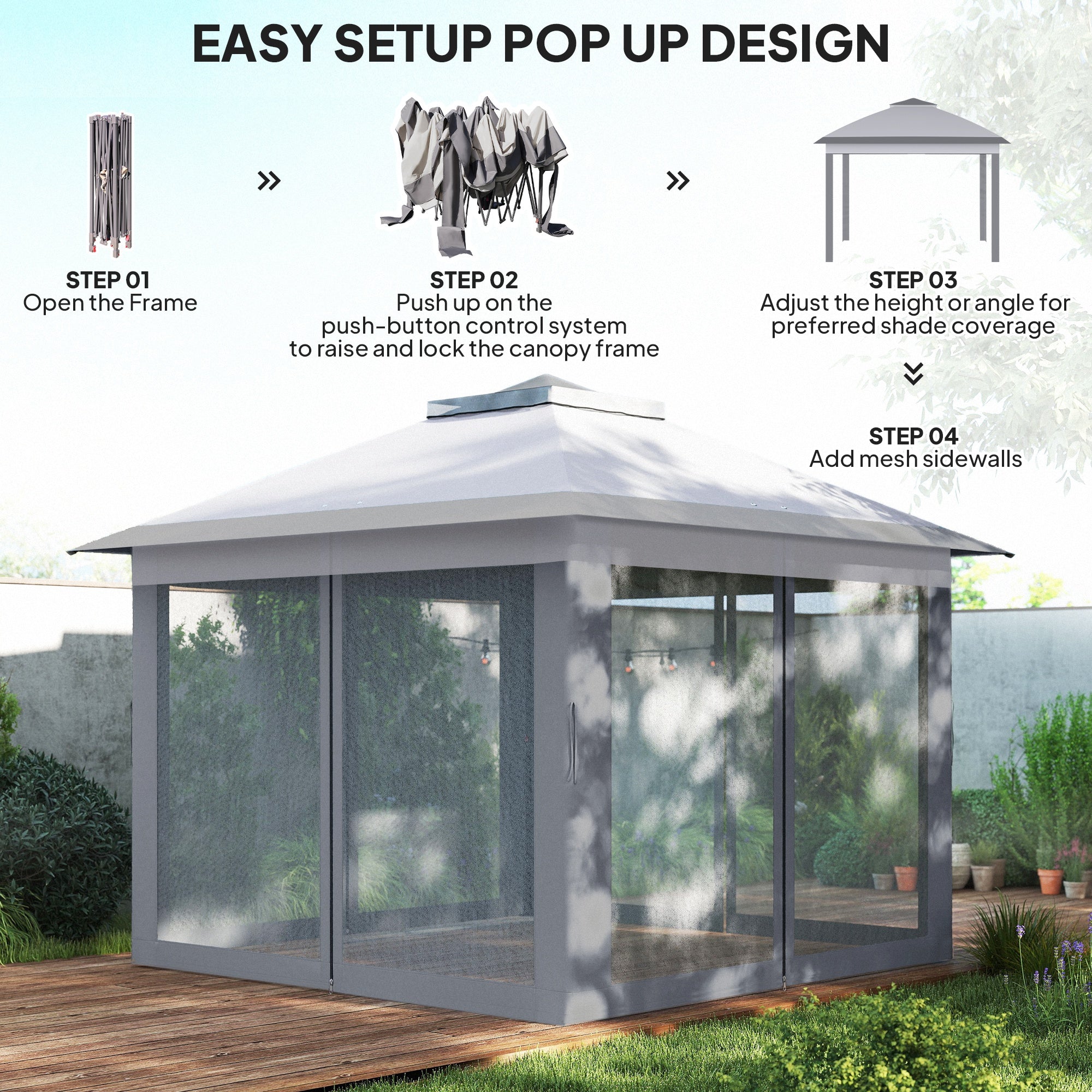 11' x 11' Pop Up Gazebo, Double Roof Foldable Height Adjustable Canopy Tent with Mesh Sidewalls, Carrying Bag, Grey