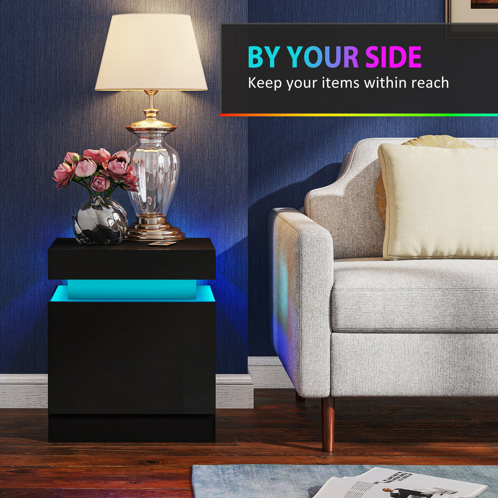 Nightstand Set of 2, End Side Tables with LED Lights, Bedside Tables with 2 Drawers, for Bedroom, Black