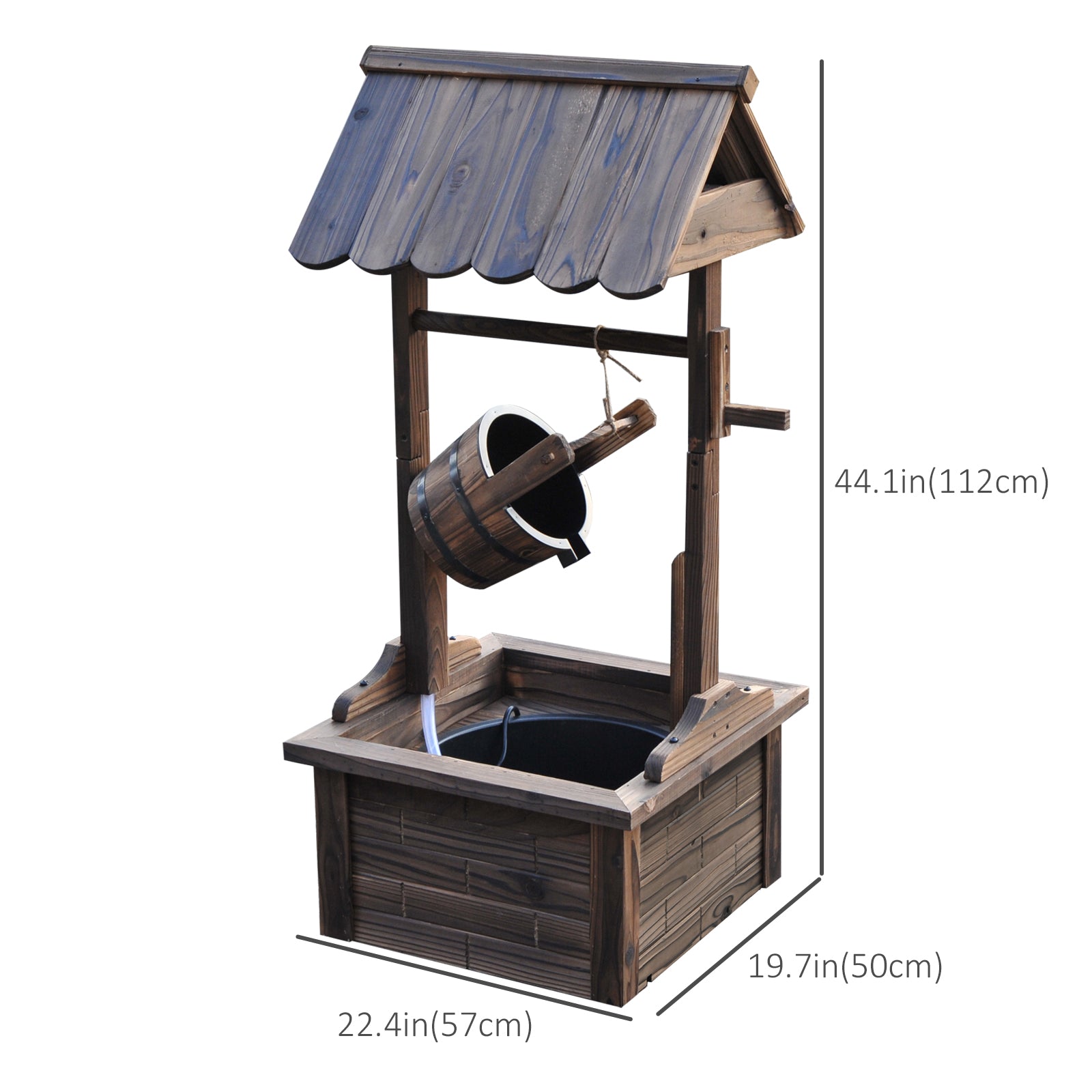 Wooden Well Wishing Fountain Outdoor with Electric Pump Water Bucket for Patio Garden Carbonized