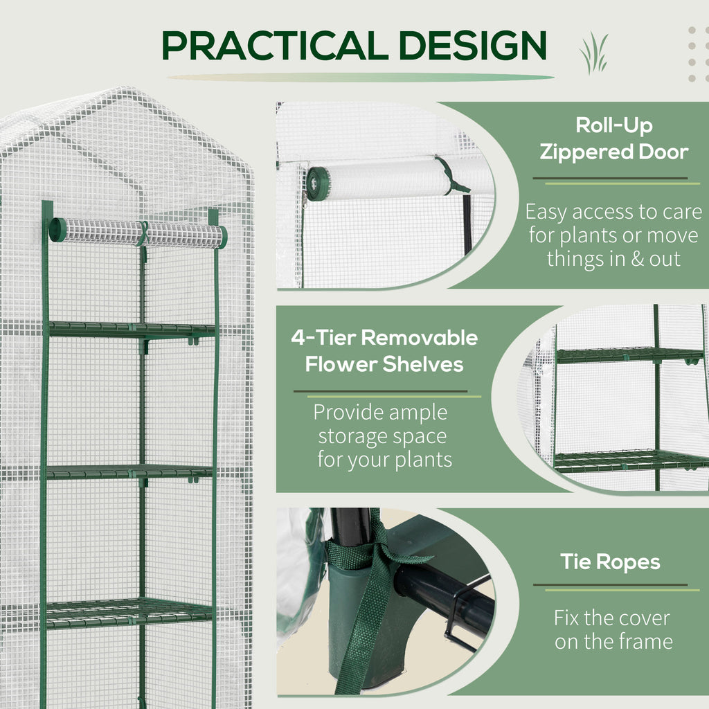 Portable Greenhouse Outdoor Hot House with 4 Tier Shelves, Steel Frame, PE Cover, 28" x 20" x 63" , White