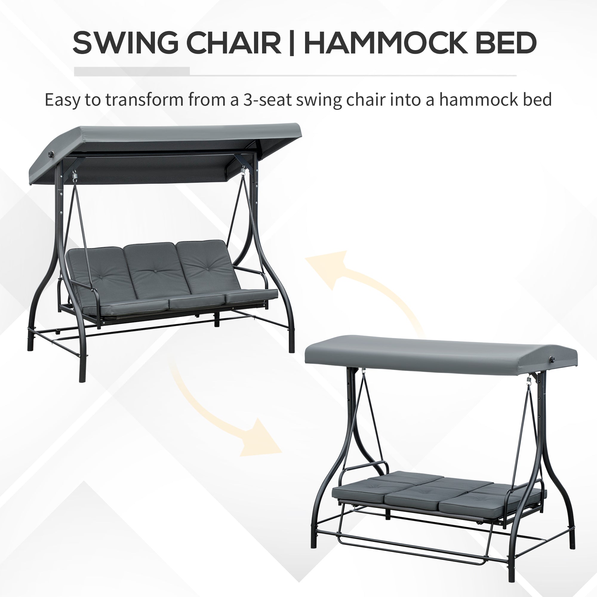 Convertible Patio Swing Bed with Canopy and Cushions, 3 Seater Porch Swing for Outdoor, Backyard, Garden, Dark Grey