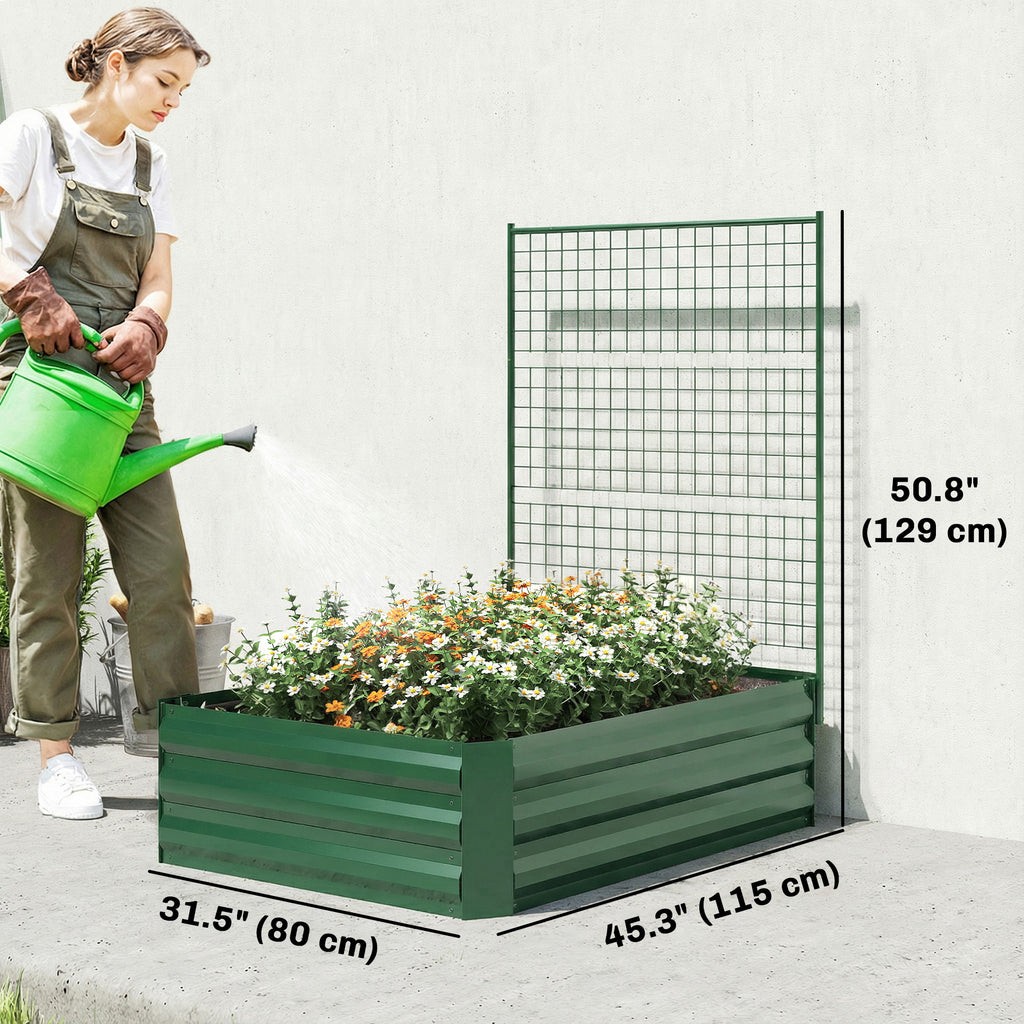 Galvanized Raised Garden Bed with Trellis for Climbing Plants, Outdoor Planter Box with Open Bottom, Green