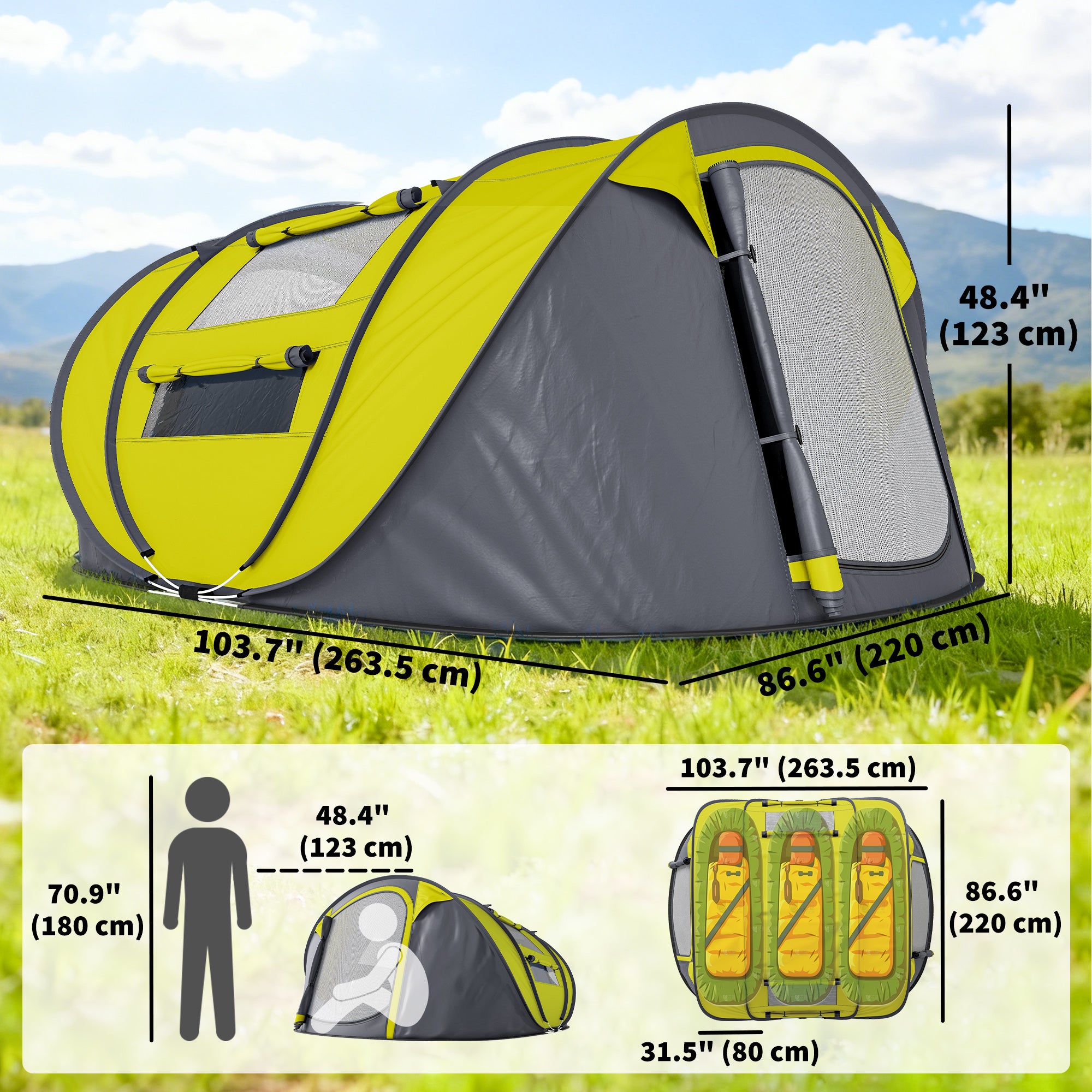 4 Person Camping Tent, Easy Pop Up Tent with Doors, Windows and Carry Bag, Automatic Setup Tent for Hiking, Yellow