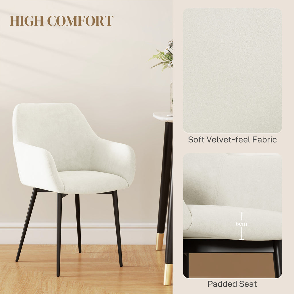 Dining Chairs Set of 2, Velvet-look Fabric Upholstered Kitchen Chairs with Backrest, Armrests and Steel Legs, Cream White