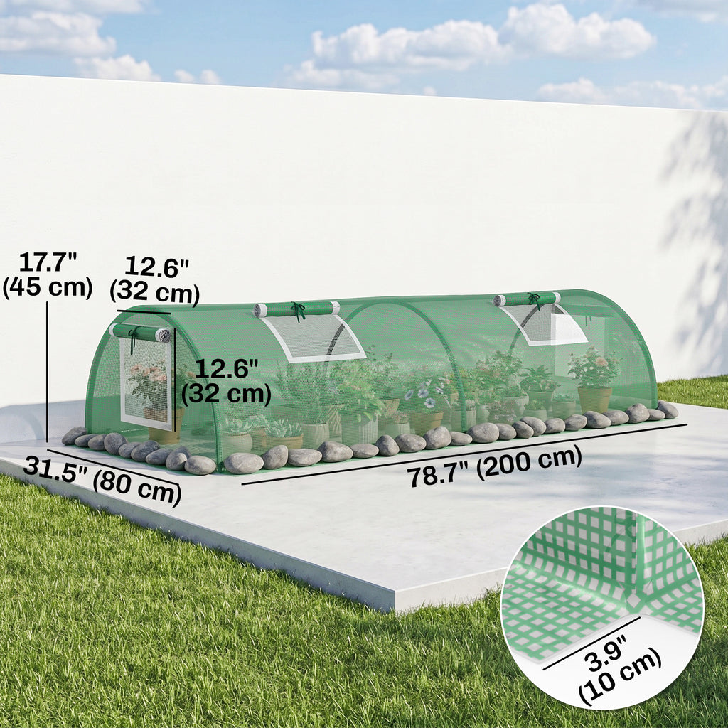 Portable Mini Greenhouse, Tunnel Growing Tent with 5 Mesh Windows and Steel Frame, 7' x 3' x 2', Green