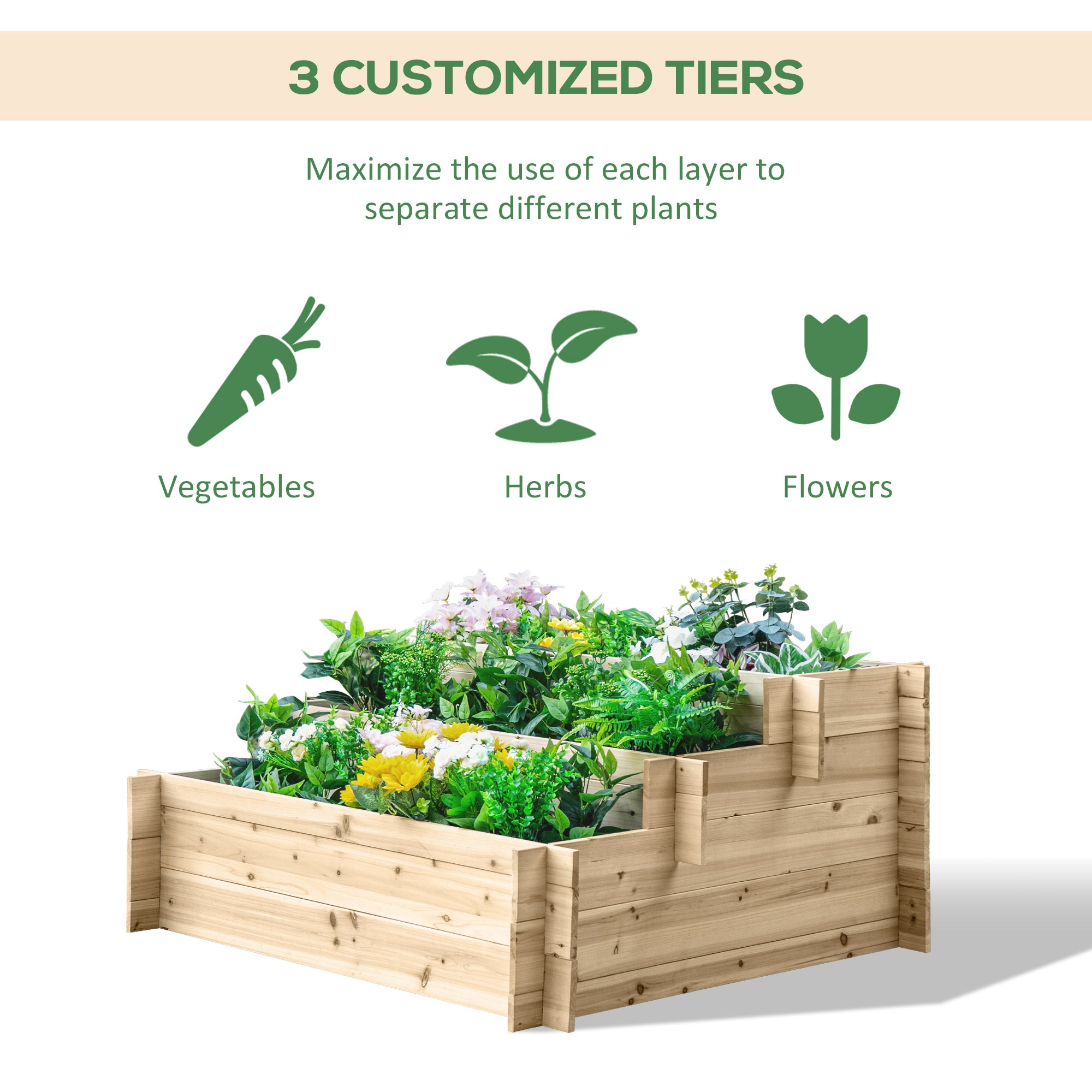 3-Tier Wood Raised Garden Bed, 47.2" x 39.4" x 21.3" Elevated Planting Box, Outdoor Vegetable Flower Container, Herb Garden Indoor Kit, Natural